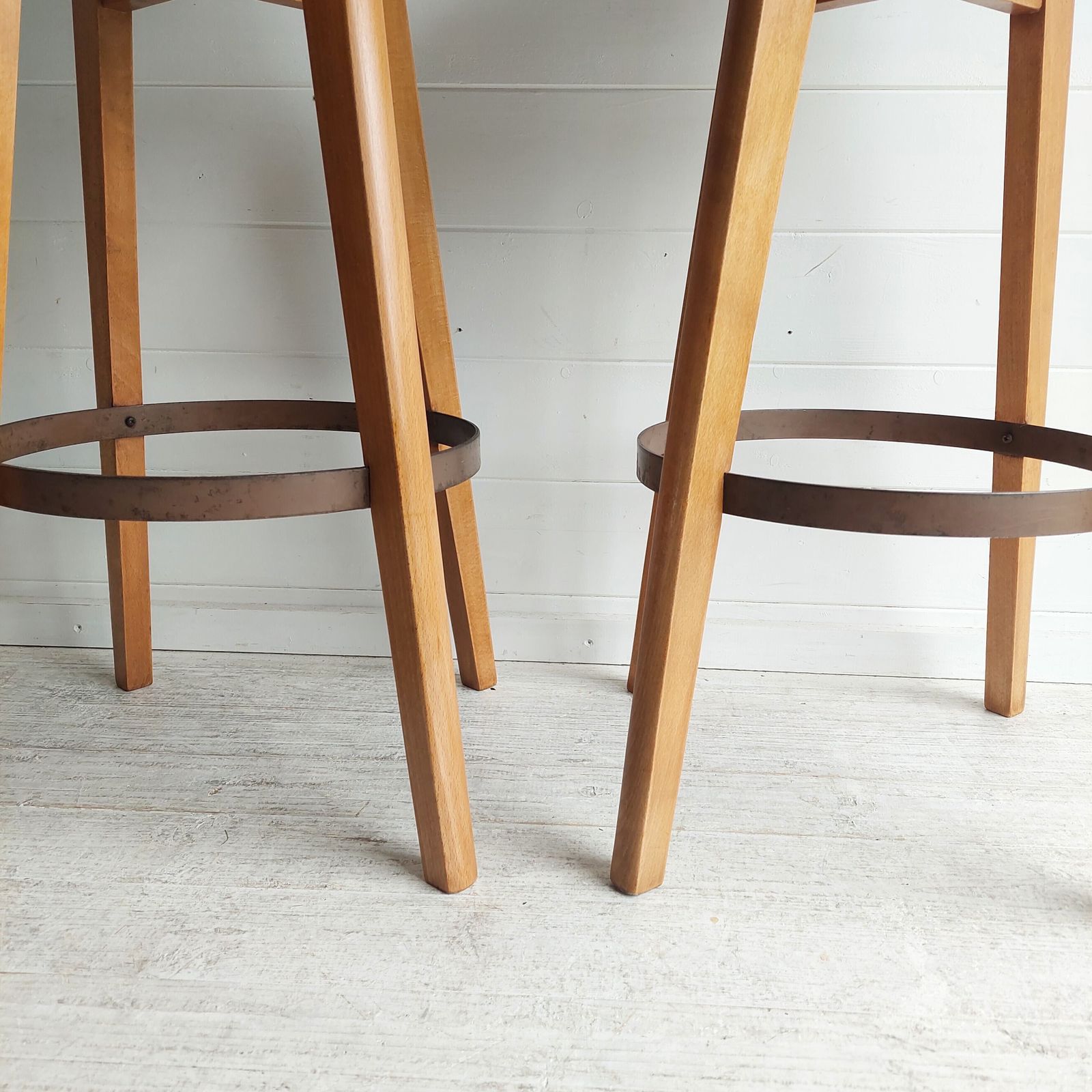 Mid Century Bar Stools Danish Style By Benchairs 70s Beech And Vinyl, Set Of 2 photo buy