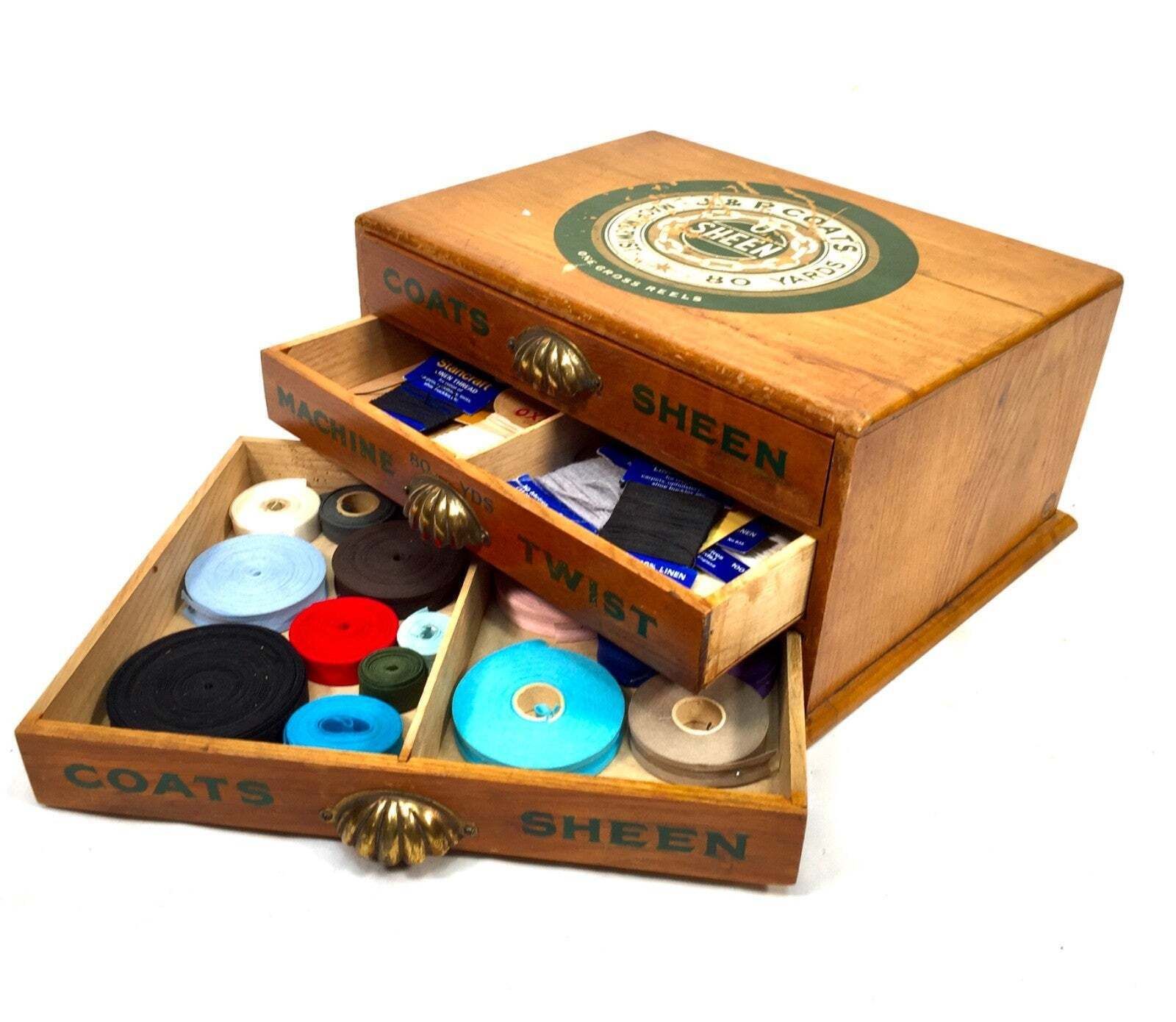 photo furniture Antique Wooden Shop Display Sewing Cabinet For J & P Coats Spool Haberdashery