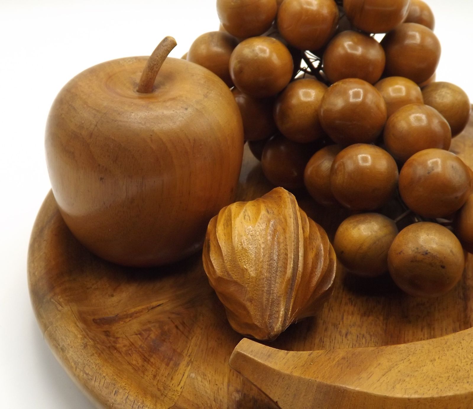 Hand Carved Wooden Fruit Bowl With Assorted Fruits   Mid Century Decoration photo for sale