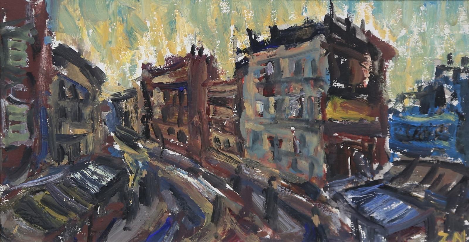 Original Mid Century Swedish Oil On Panel – “City” By P.O. Zachrisson – Vintage & Framed – 37 × 25 Cm (14.6" × 9.8") photo for sale