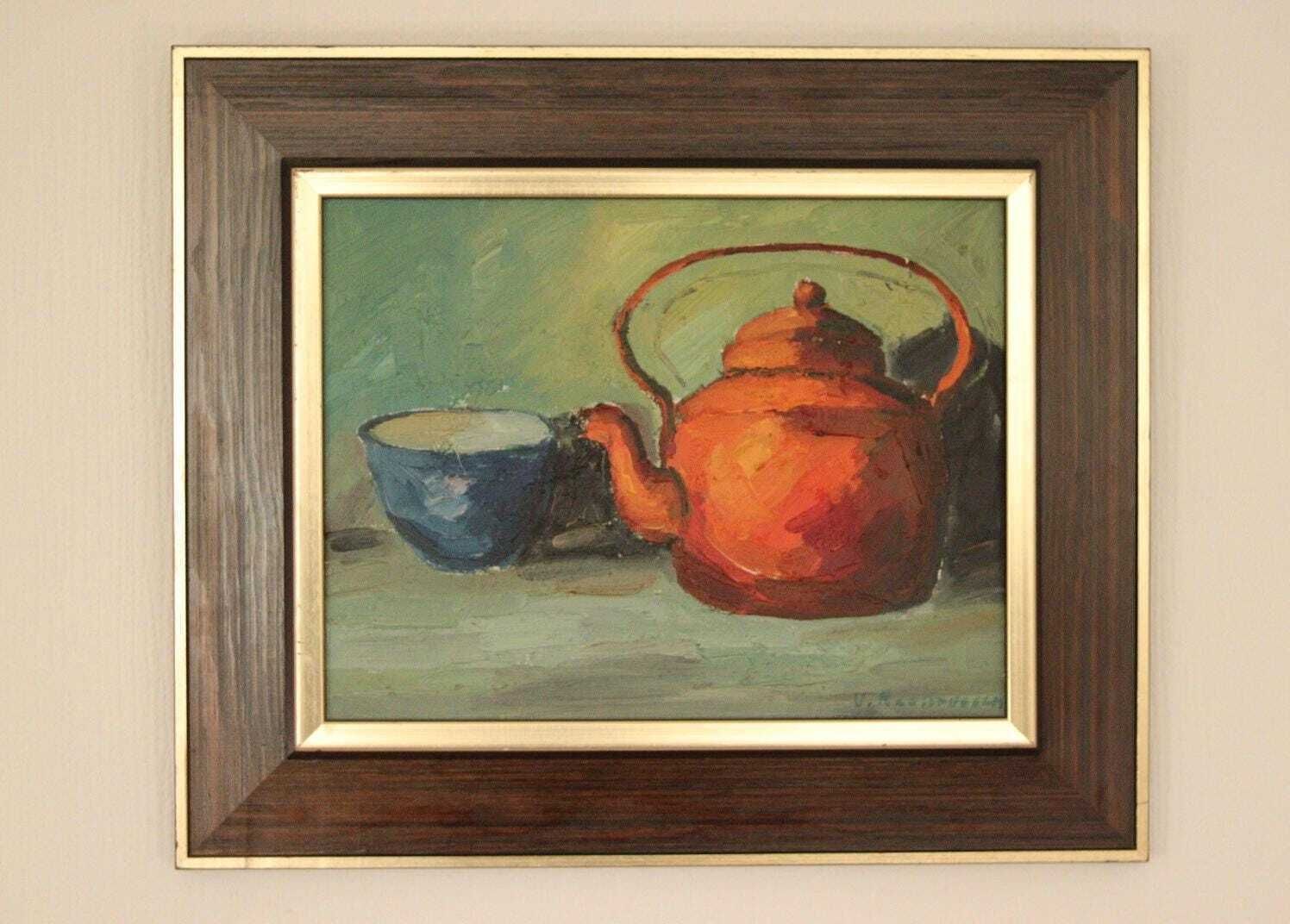 photo for sale Original Mid Century Swedish Oil On Canvas – “Kettle And Mug” By Viktor Rasmussen – Vintage & Framed – 50 × 42 Cm (19.7" × 16.5")