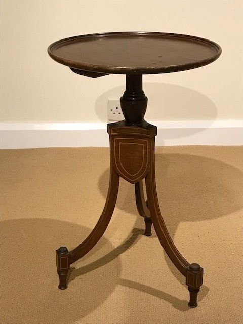 Early C20 Highly Unusual Wine Table On An Inlaid 'Shield' Stand With Splayed Legs & Turned Feet