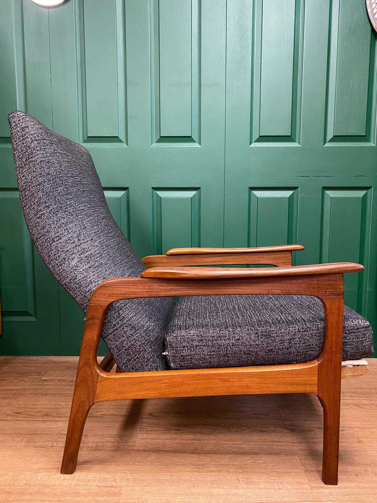 Refurbished Vintage 1960s Scandinavian Solid Teak Framed High Back Gentleman's Armchair In Grey photo 795.0