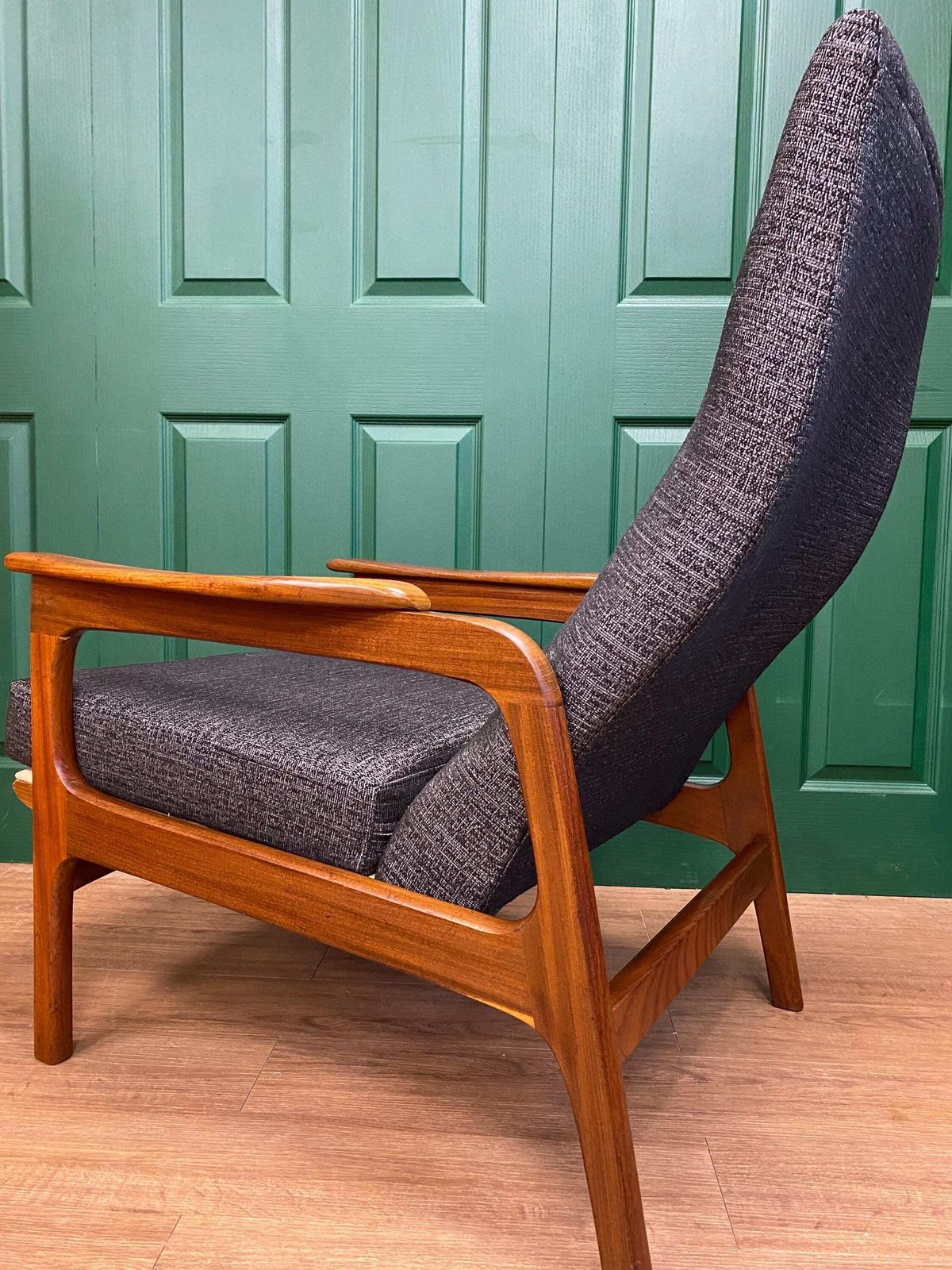 Refurbished Vintage 1960s Scandinavian Solid Teak Framed High Back Gentleman's Armchair In Grey photo buy