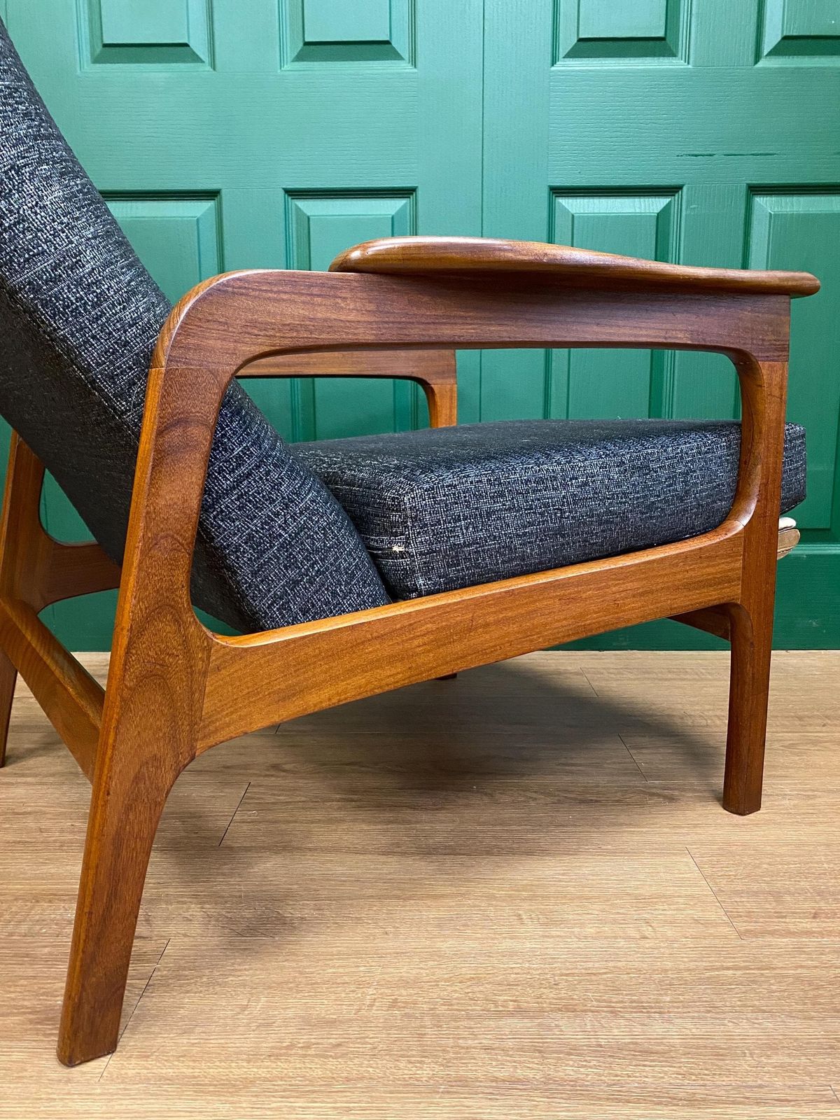Refurbished Vintage 1960s Scandinavian Solid Teak Framed High Back Gentleman's Armchair In Grey photo vintage