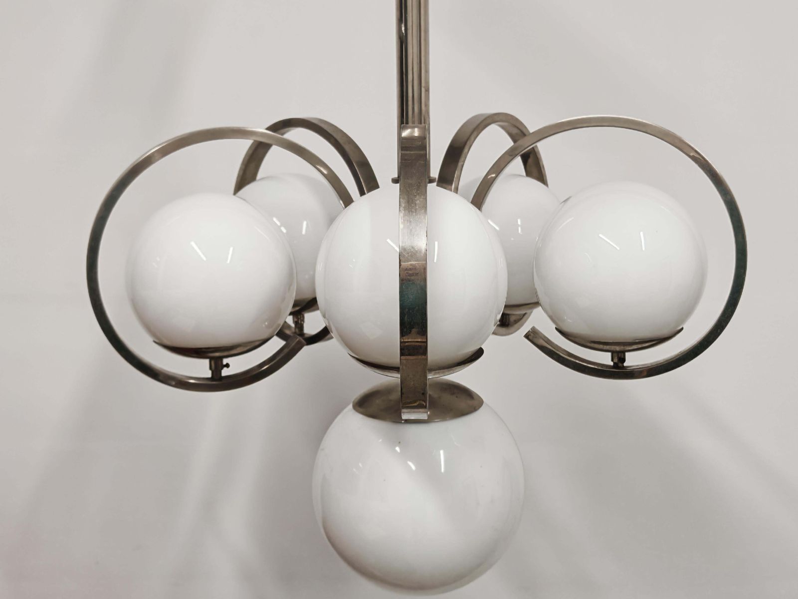 Xxl Bauhaus Salon Chandelier In Nickel Plated Brass And Milk Glass photo Lighting