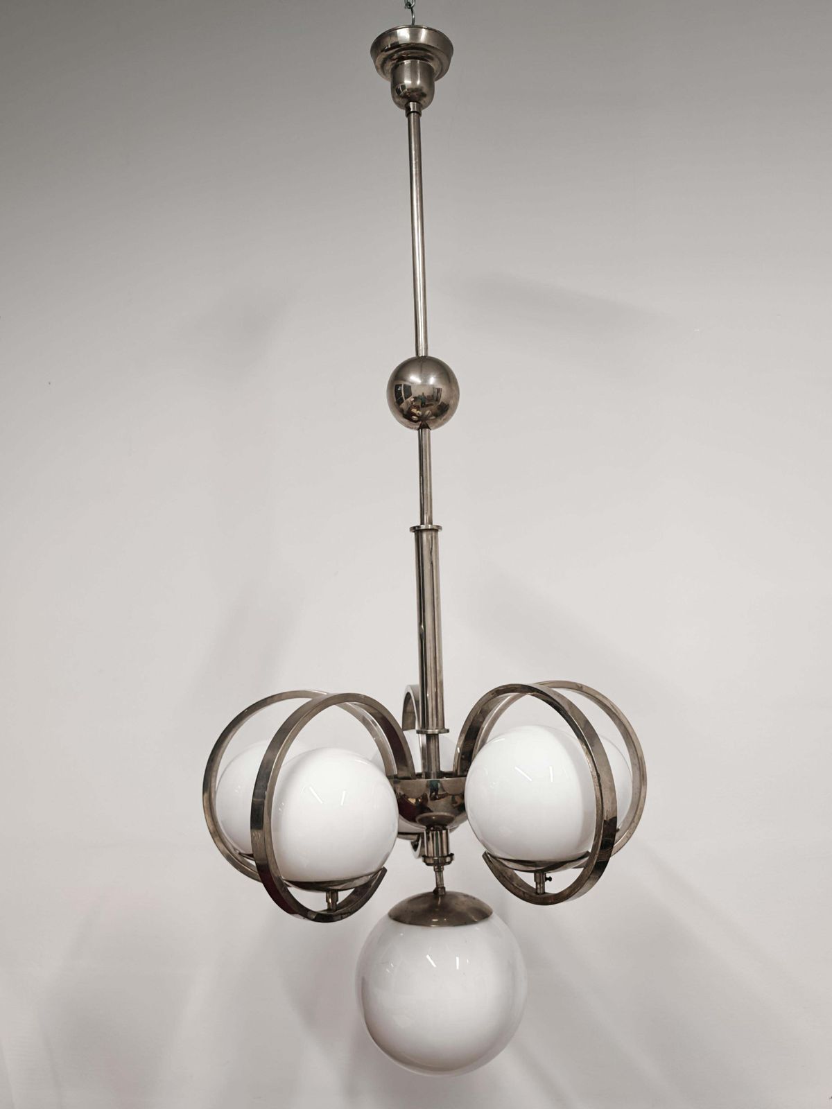 Xxl Bauhaus Salon Chandelier In Nickel Plated Brass And Milk Glass photo buy