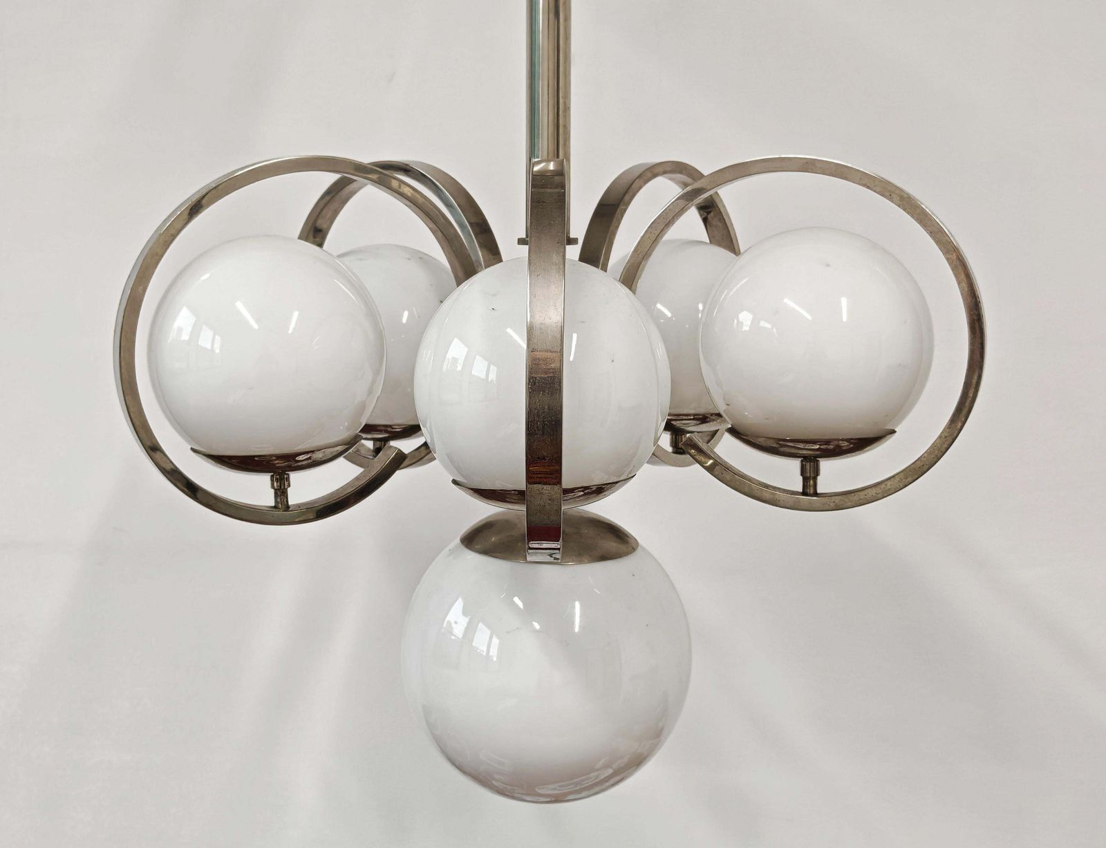 Lighting Xxl Bauhaus Salon Chandelier In Nickel Plated Brass And Milk Glass photo