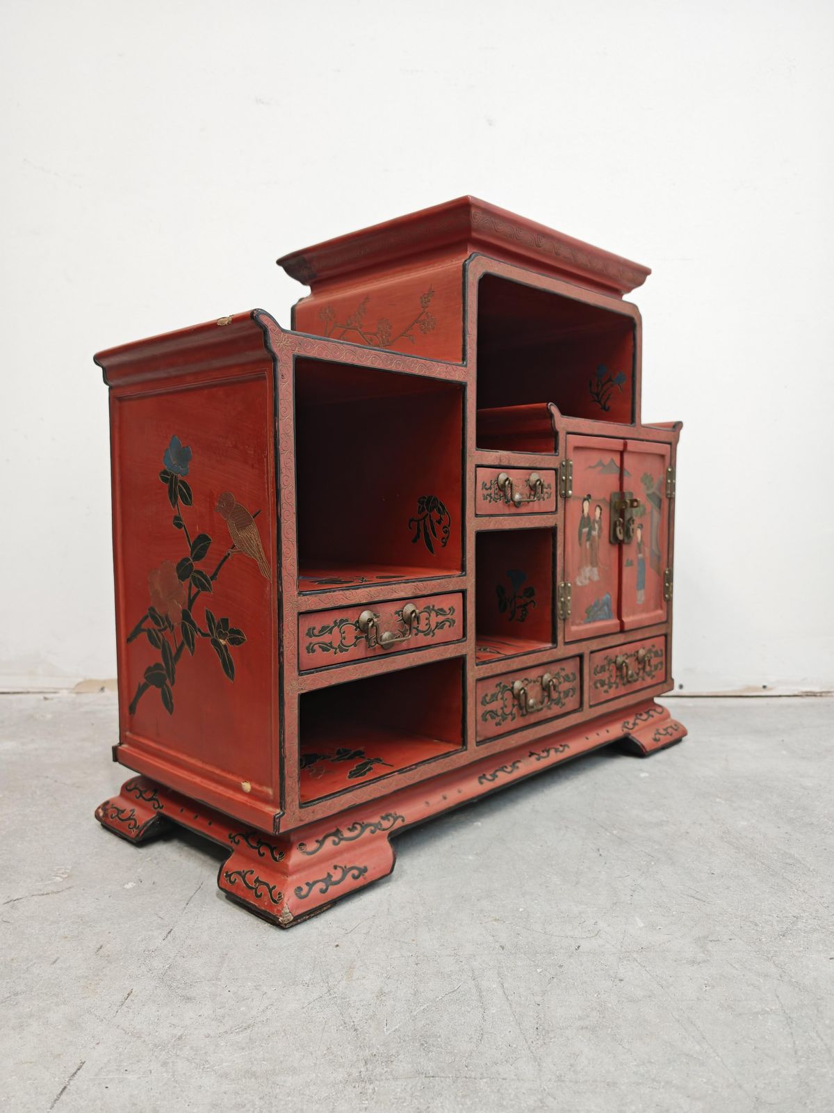 Antique Nightstands In Red Lacquer And Hand Painted Ornaments, China 1800s photo furniture