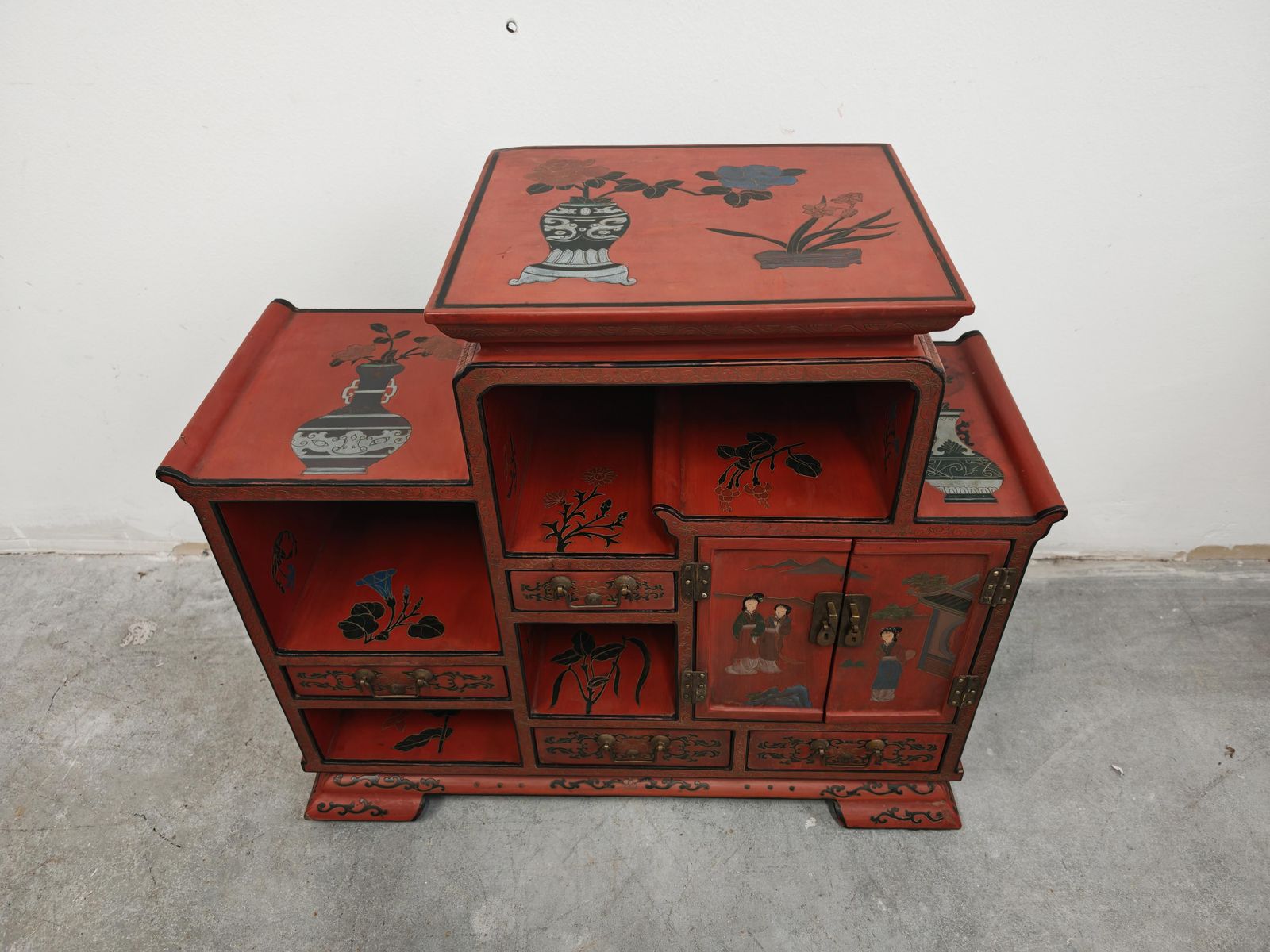 Antique Nightstands In Red Lacquer And Hand Painted Ornaments, China 1800s photo buy