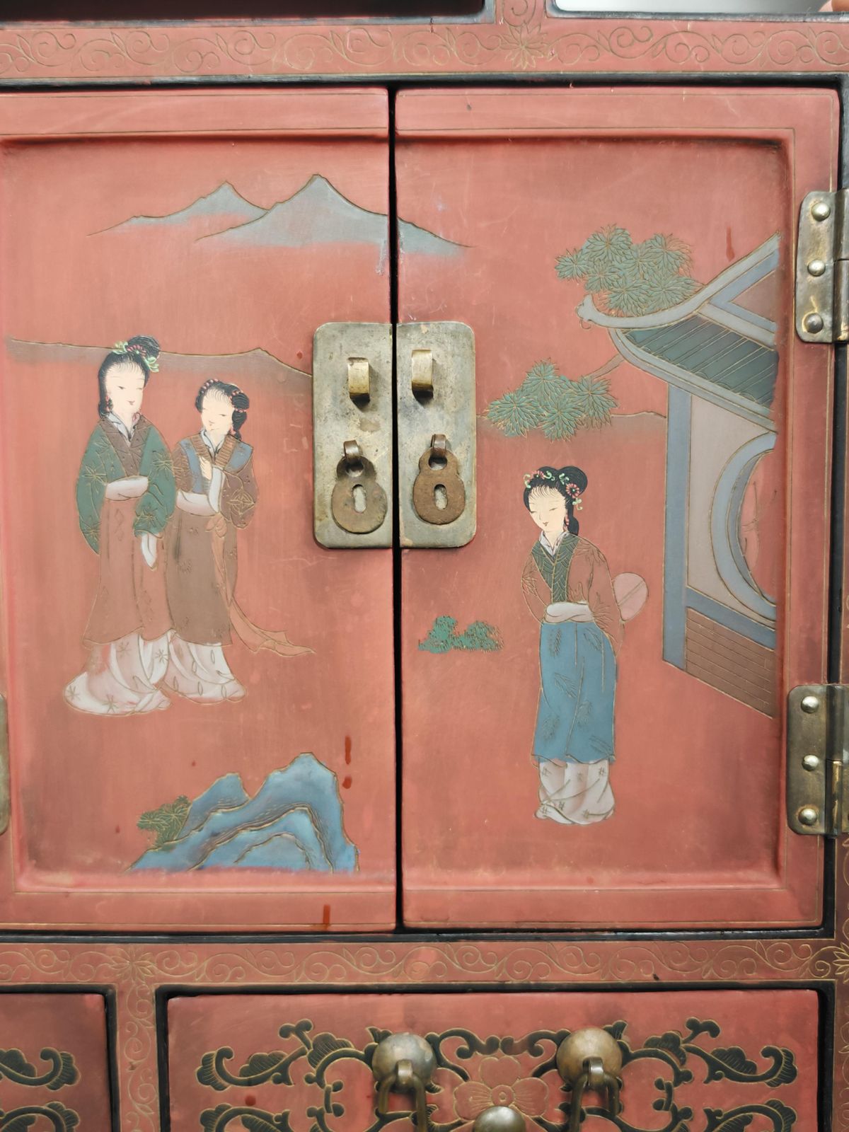 photo buy Antique Nightstands In Red Lacquer And Hand Painted Ornaments, China 1800s