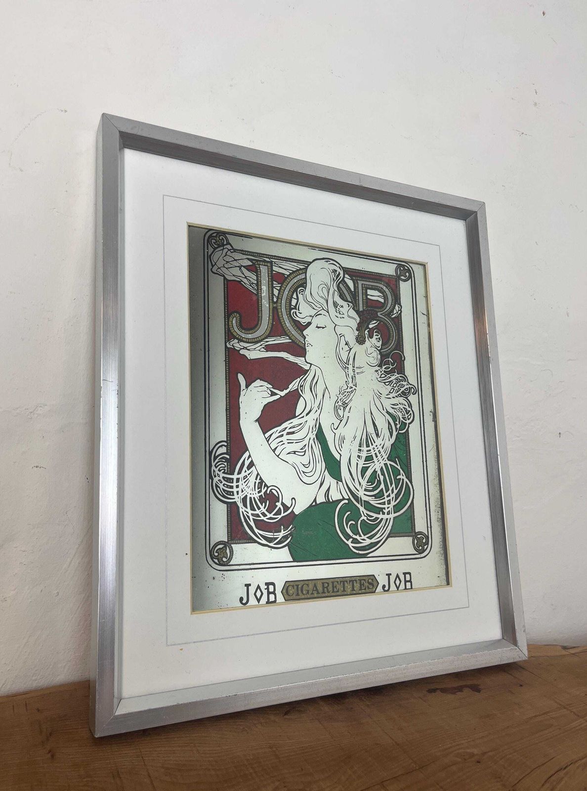 Beautiful Vintage Art Nouveau Mirror, Job Cigarette, Mucha Wall Art, French Advertising Picture photo for sale
