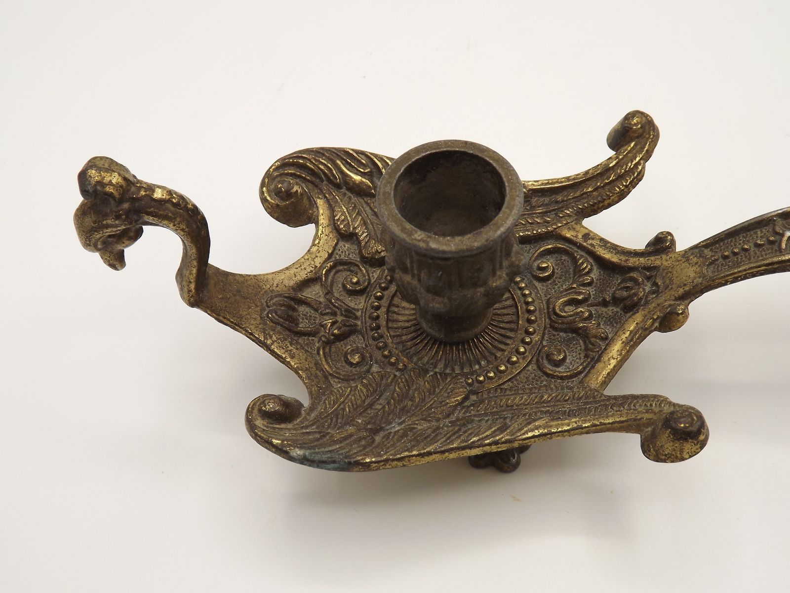 Paire rare de bougeoirs-chambriers en bronze repoussé, motif oiseau de feu/phénix photo vintage
