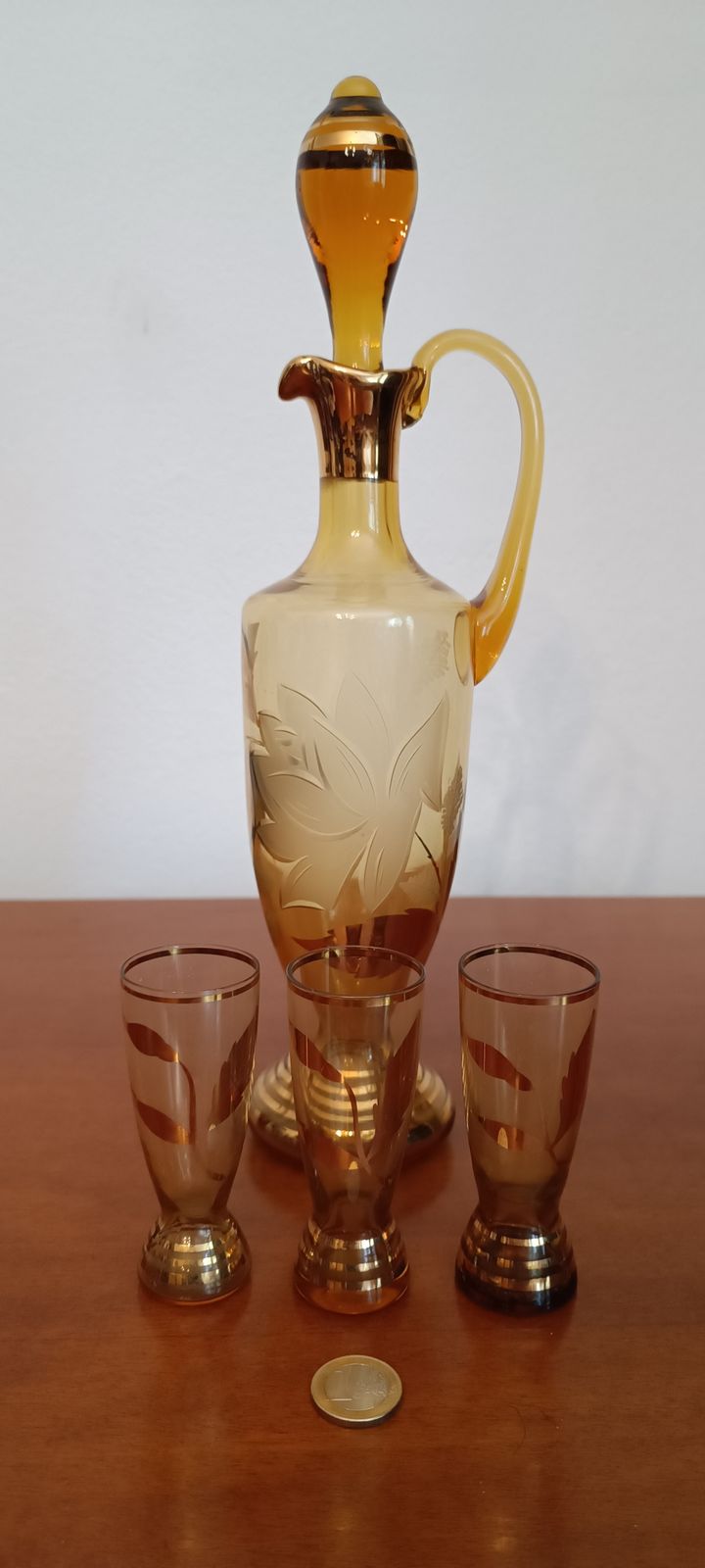 Bohemian Amber Glass Decanter With Hand Etched Décor And Hand Gold Finish