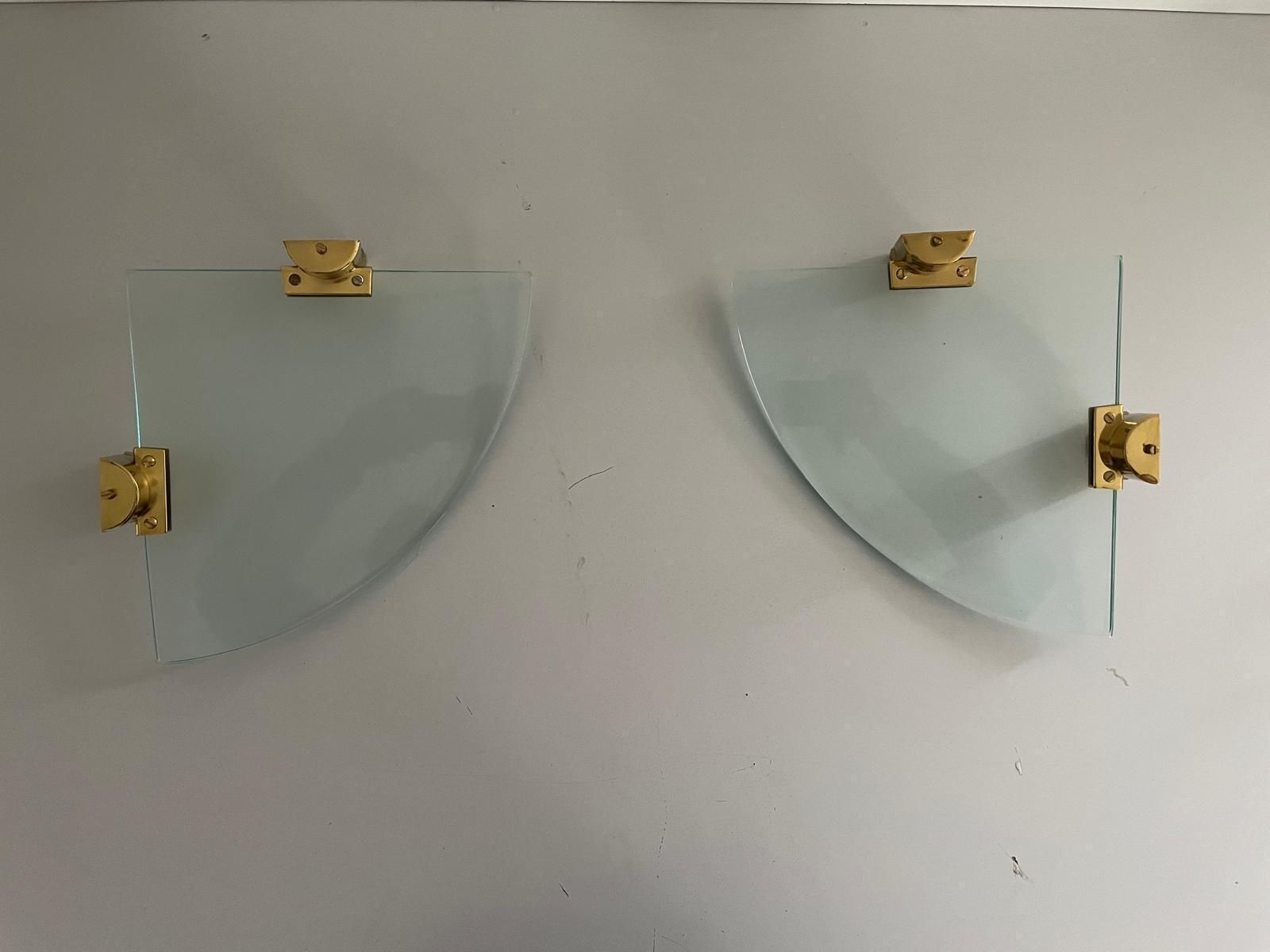 Mid Century Italian Thick Glass And Brass Pair Of Floating Corner Wall Shelfs, 1960s, Italy photo Furniture