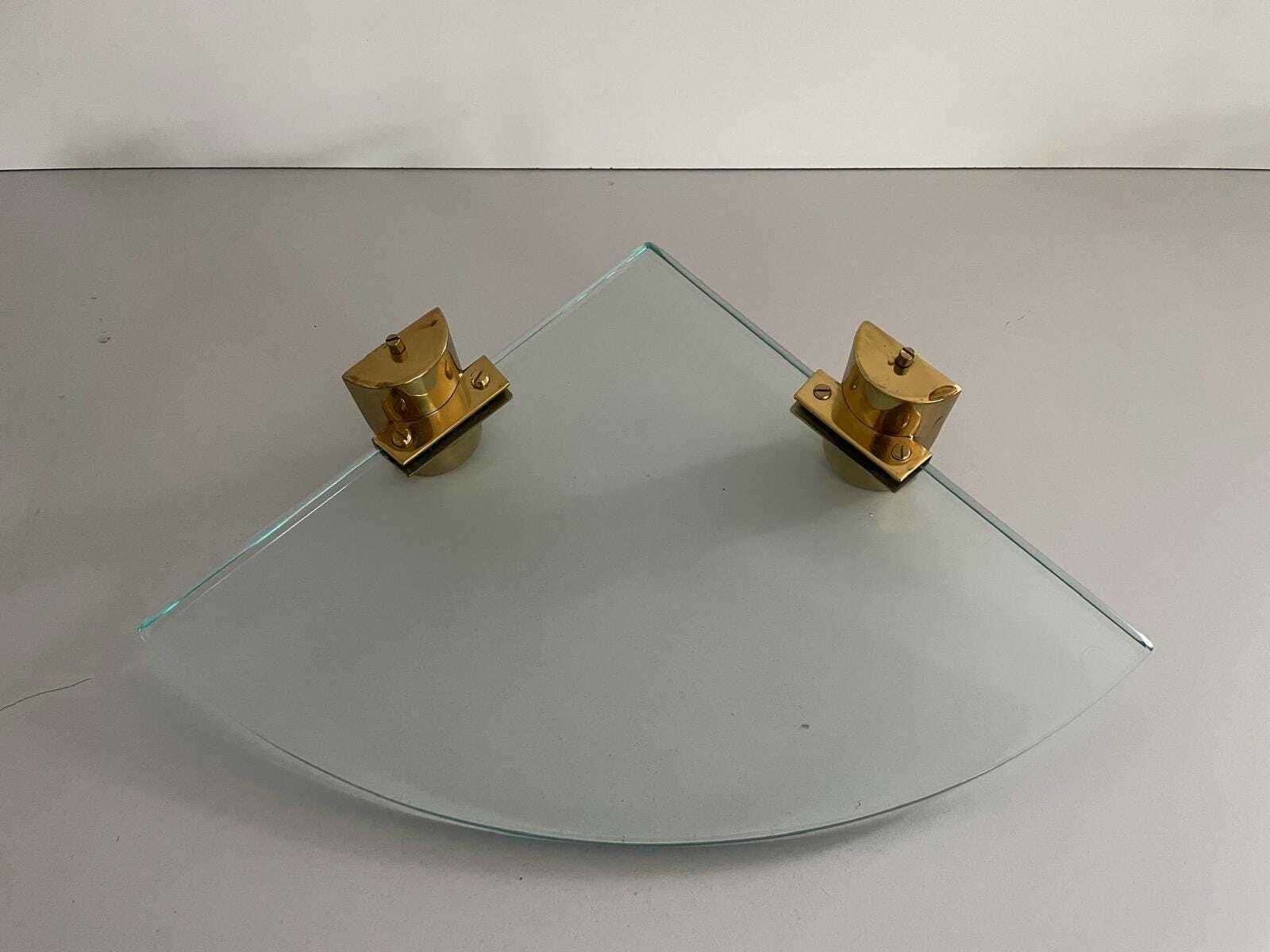 Mid Century Italian Thick Glass And Brass Pair Of Floating Corner Wall Shelfs, 1960s, Italy photo 1375.0