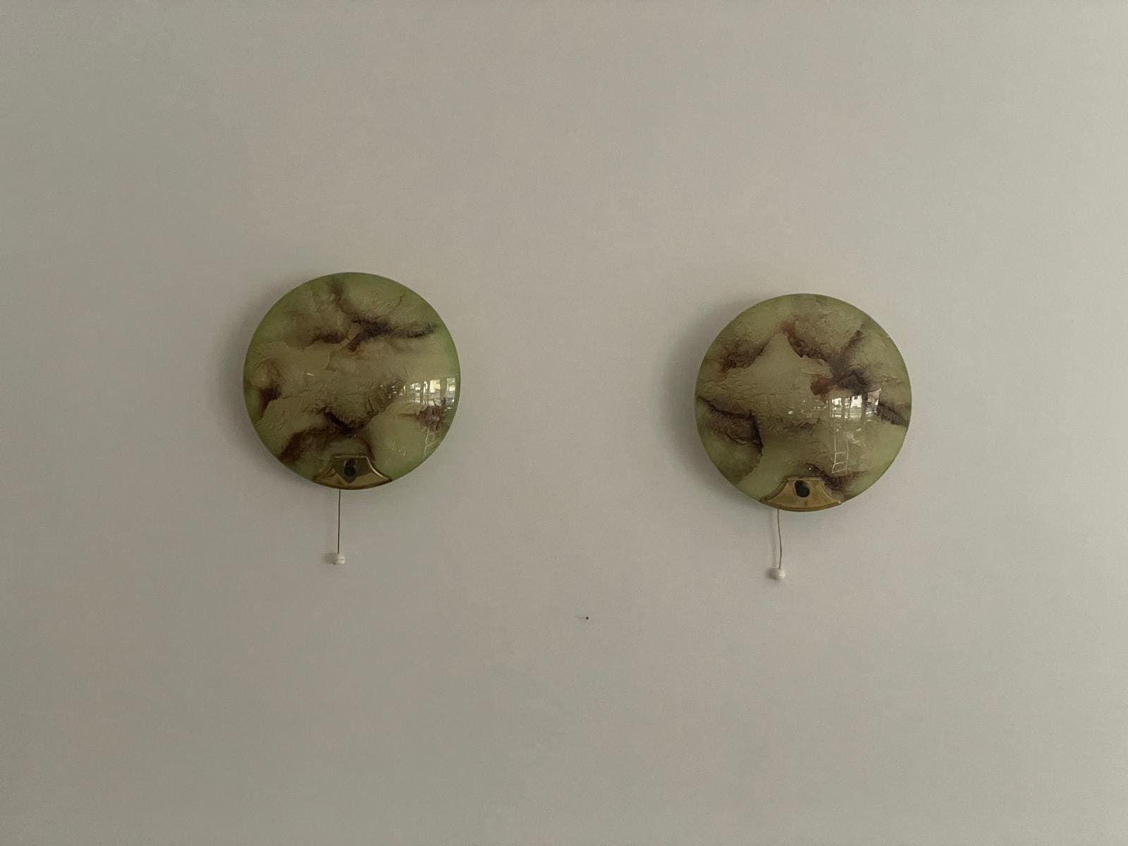 Mid Century Round Green Glass & Brass Pair Of Sconces, 1950s, Germany