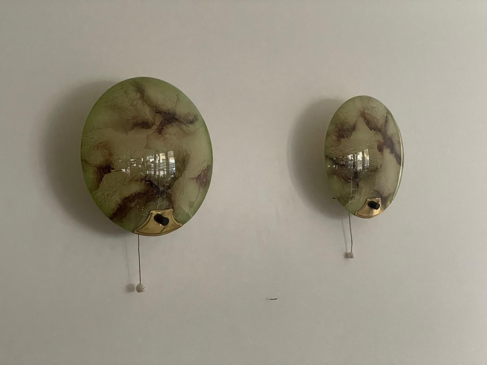 Mid Century Round Green Glass & Brass Pair Of Sconces, 1950s, Germany photo Lighting