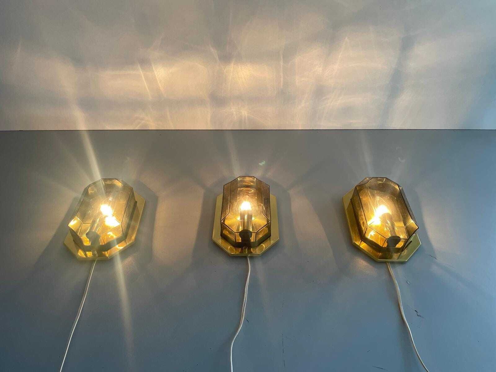 Smoke Glass & Brass Set Of 3 Sconces By Limburg, 1960s, Germany