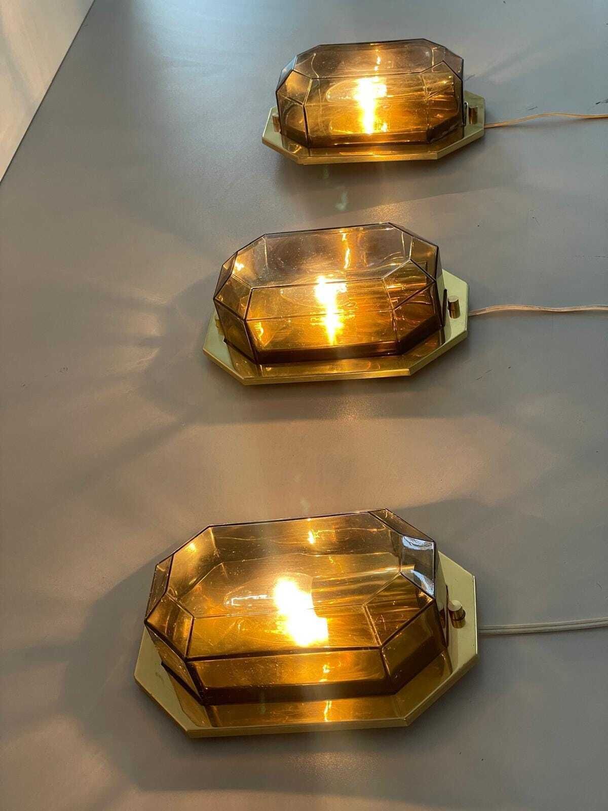 Smoke Glass & Brass Set Of 3 Sconces By Limburg, 1960s, Germany photo buy