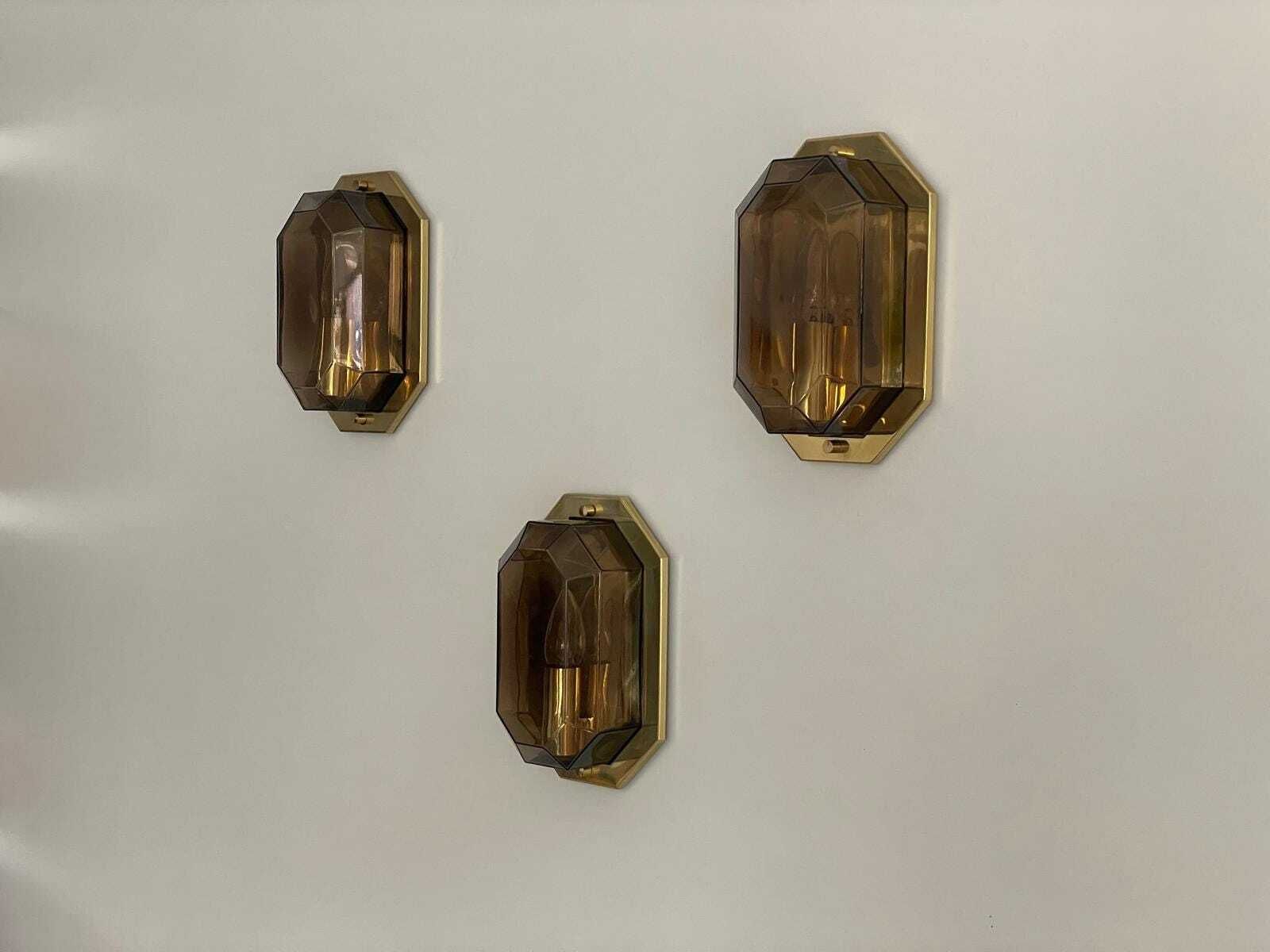 photo furniture Smoke Glass & Brass Set Of 3 Sconces By Limburg, 1960s, Germany