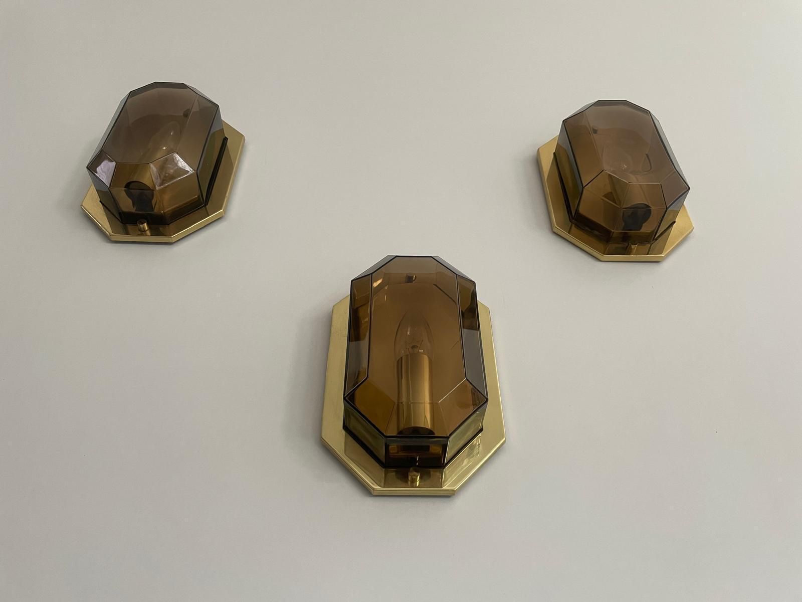 Lighting Smoke Glass & Brass Set Of 3 Sconces By Limburg, 1960s, Germany photo