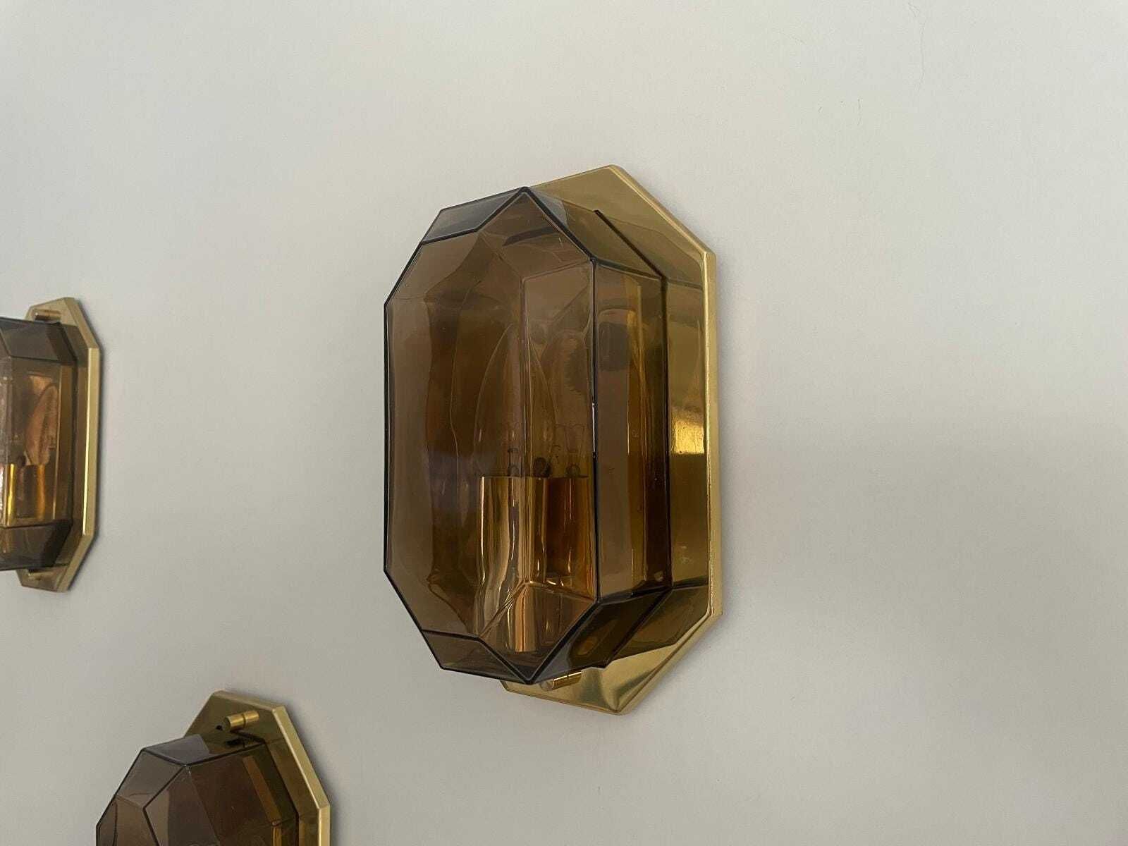 1719.0 Smoke Glass & Brass Set Of 3 Sconces By Limburg, 1960s, Germany photo