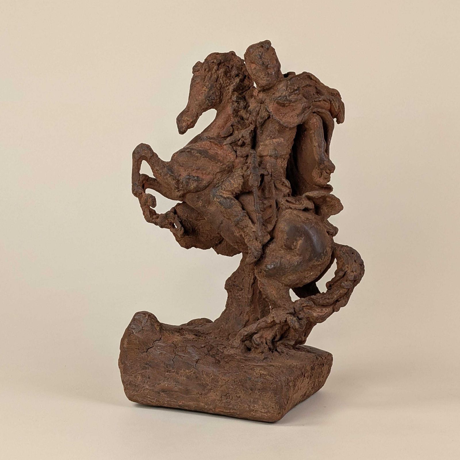 Antique French Terracotta Equestrian Warrior Sculpture: Rearing Horse Clay Statue Baroque Style photo 1248.0