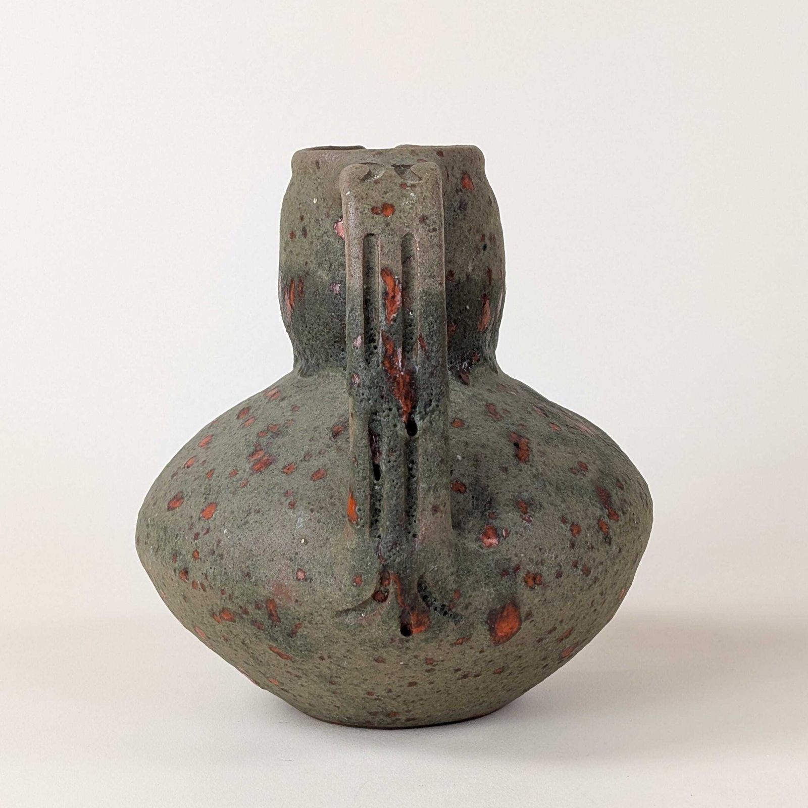 Carlo Ramo Orezza Corsica Pottery Pitcher: Mid Century Volcanic Glaze Jug, Grey Green Orange Textured Art Ceramic photo Home Decor