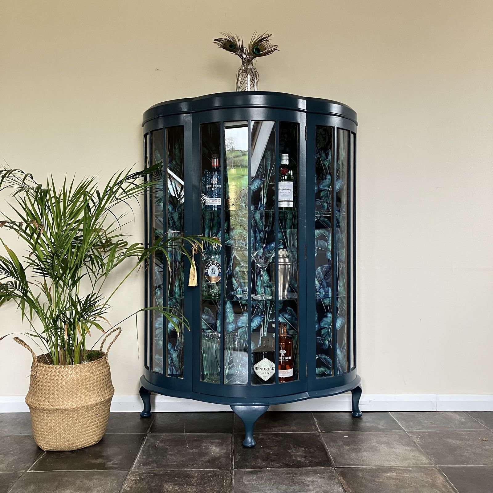 Antique Painted Glass Gin Display Cabinet: Farrow And Ball Hague Blue, Paradise Velvet Interior