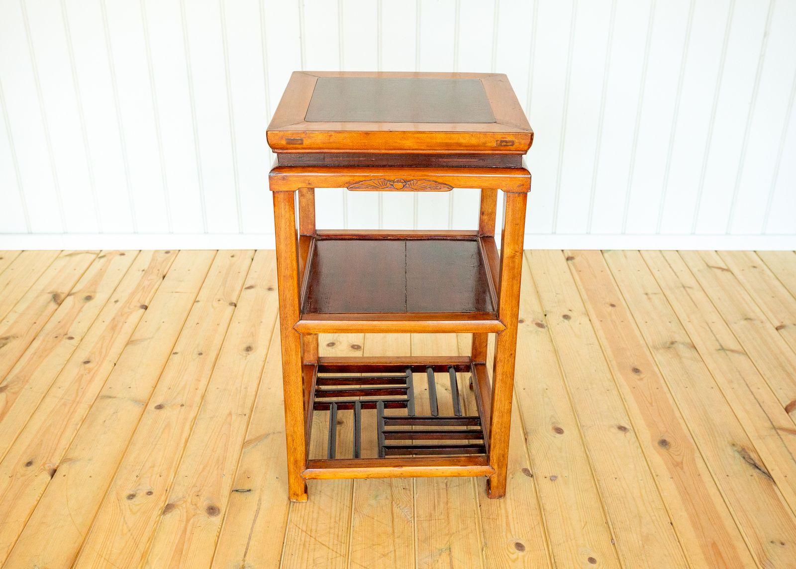 Chinese Tiered Lamp Side Table Antique Qing Dynasty Fretwork Two Tone Blonde Red Scholars Tea Tabl.E 1890 Geometric Blood Ju Yumu Jumu Elm Jiangsu photo for sale