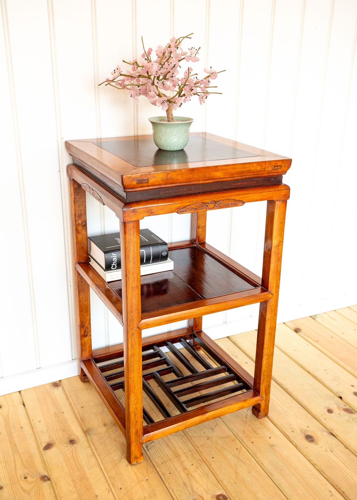 Chinese Tiered Lamp Side Table Antique Qing Dynasty Fretwork Two Tone Blonde Red Scholars Tea Tabl.E 1890 Geometric Blood Ju Yumu Jumu Elm Jiangsu photo buy