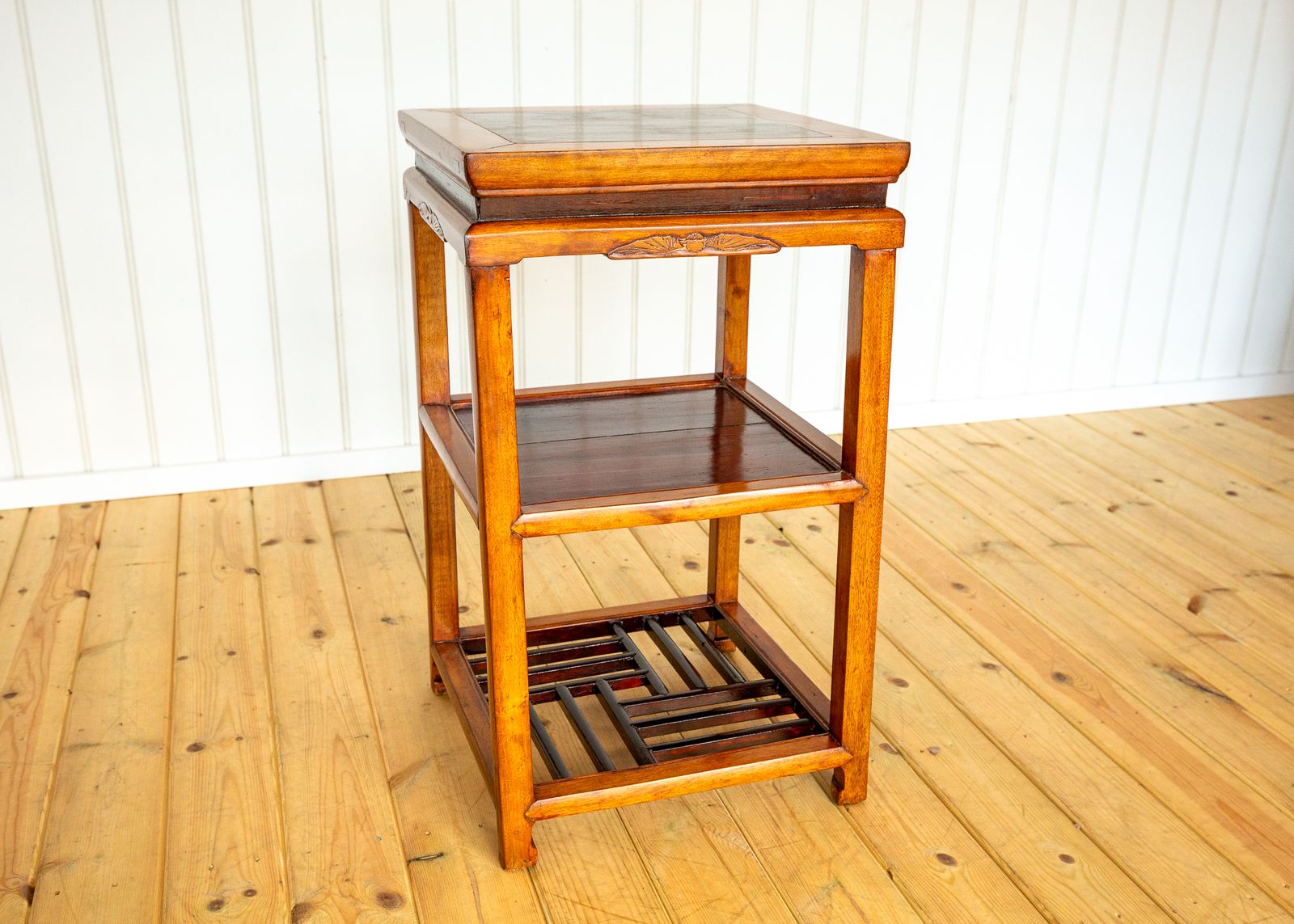 Chinese Tiered Lamp Side Table Antique Qing Dynasty Fretwork Two Tone Blonde Red Scholars Tea Tabl.E 1890 Geometric Blood Ju Yumu Jumu Elm Jiangsu photo vintage
