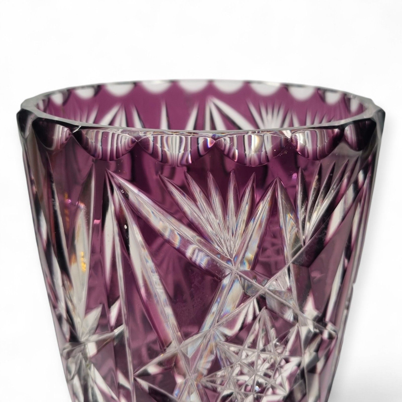 Vintage Bohemian Vase Amethyst Cut Crystal Glass Vase Stars And Webs 50's photo 175.0
