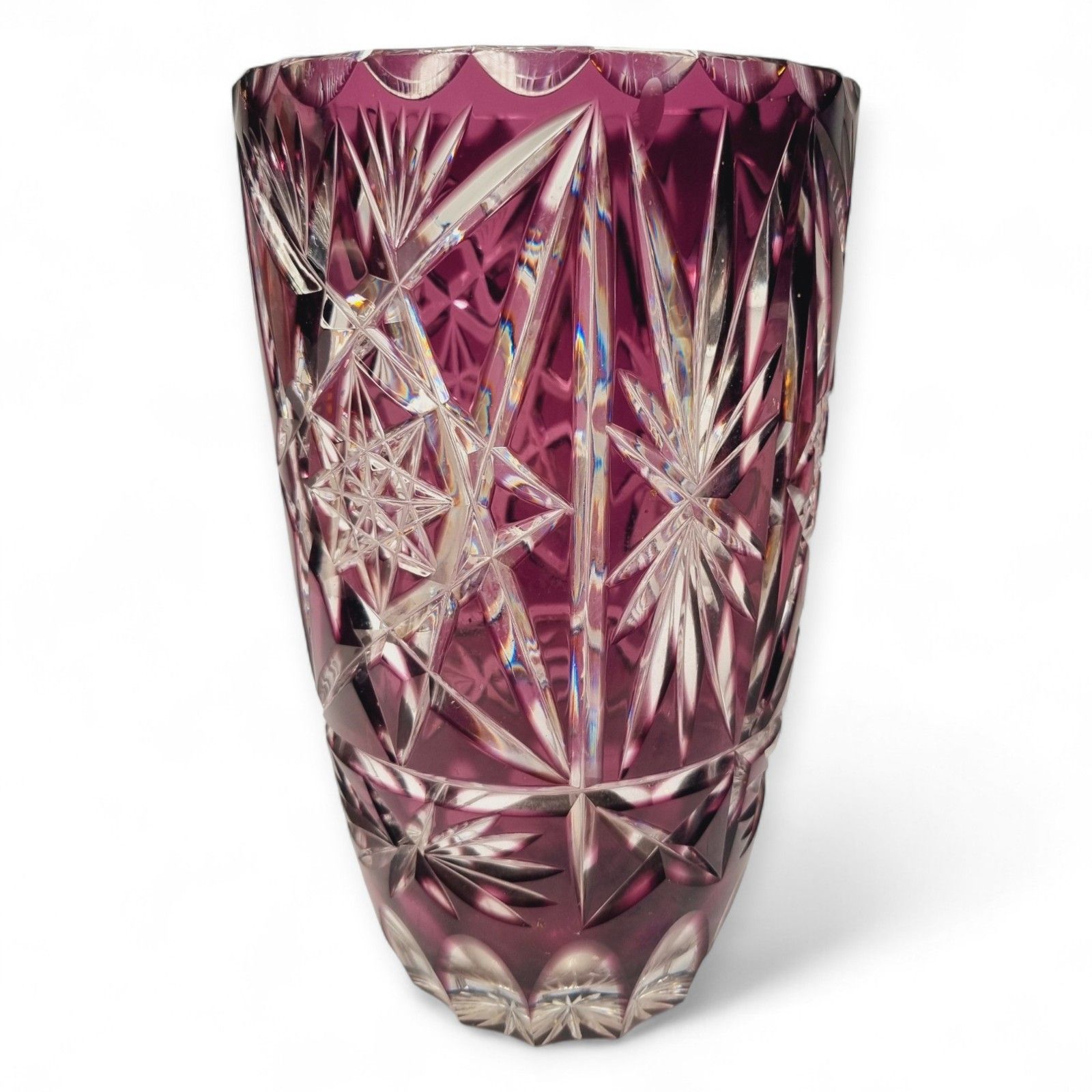 Vintage Bohemian Vase Amethyst Cut Crystal Glass Vase Stars And Webs 50's photo vintage