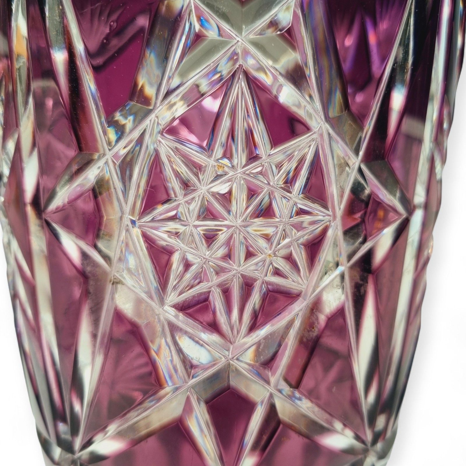 photo for sale Vintage Bohemian Vase Amethyst Cut Crystal Glass Vase Stars And Webs 50's