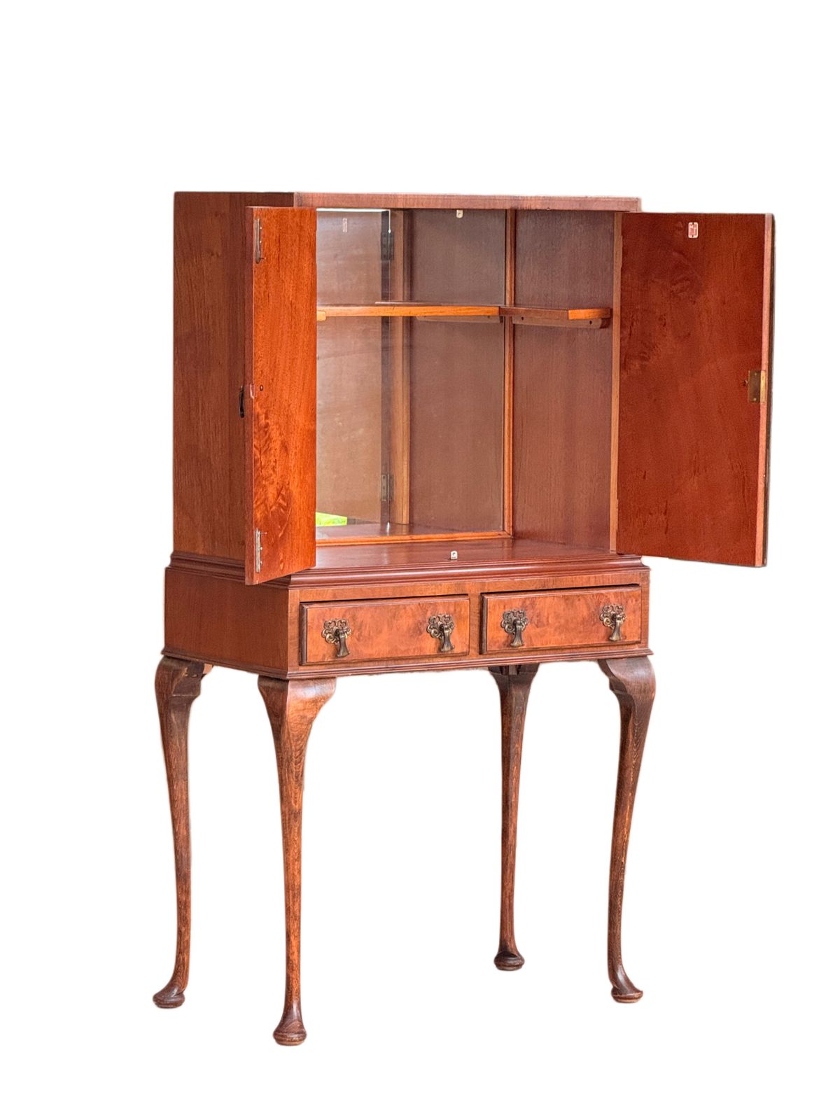 Vintage French Louis XV Rococo Style Burr Walnut Brass Drinks Cabinet On Stand photo vinterior