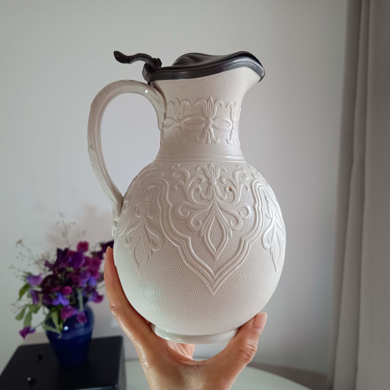 Victorian Staffordshire “Tyrol” Relief‑Moulded Jug, Brownfield Stoneware, J. Dixon Pewter Lid photo for sale