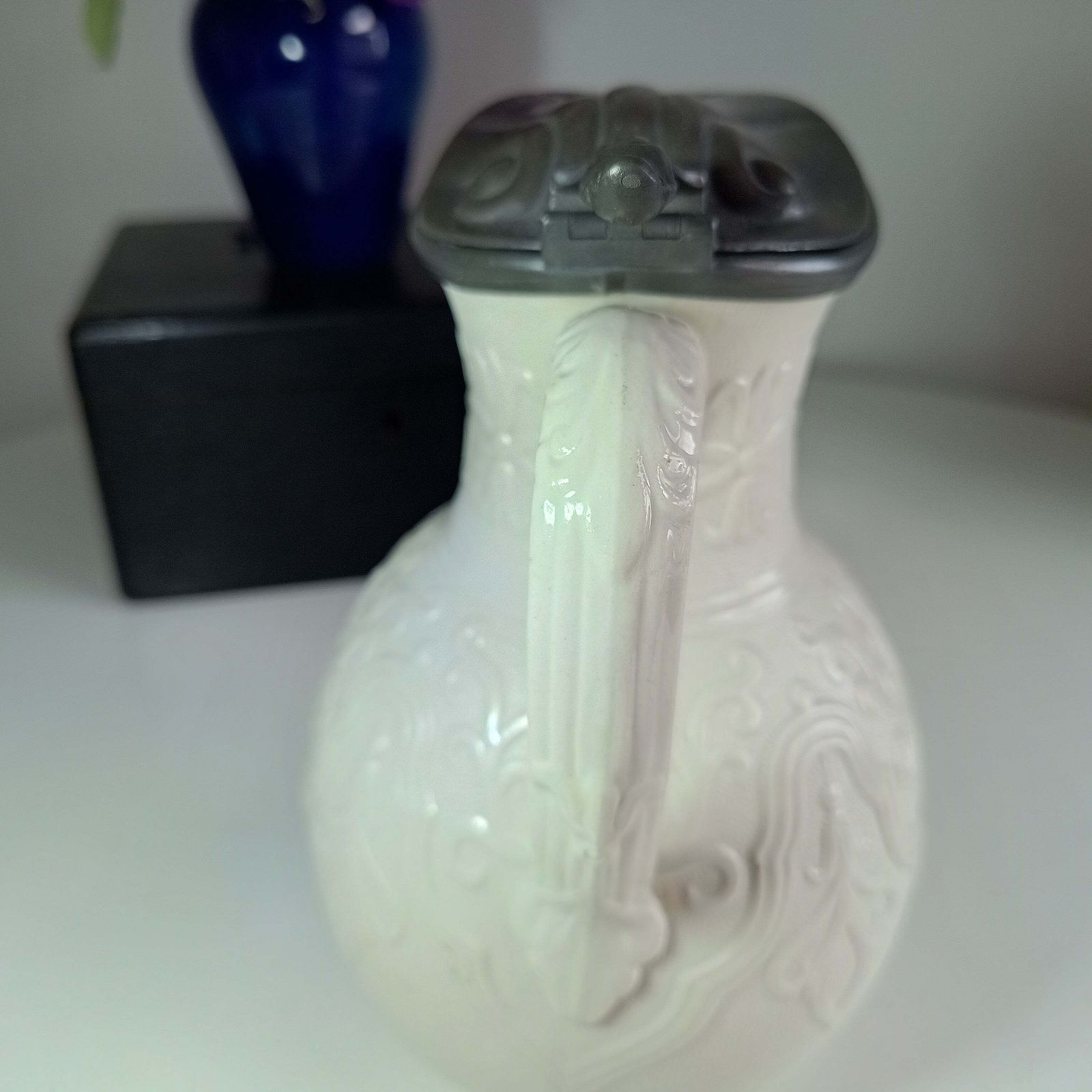 Victorian Staffordshire “Tyrol” Relief‑Moulded Jug, Brownfield Stoneware, J. Dixon Pewter Lid photo buy