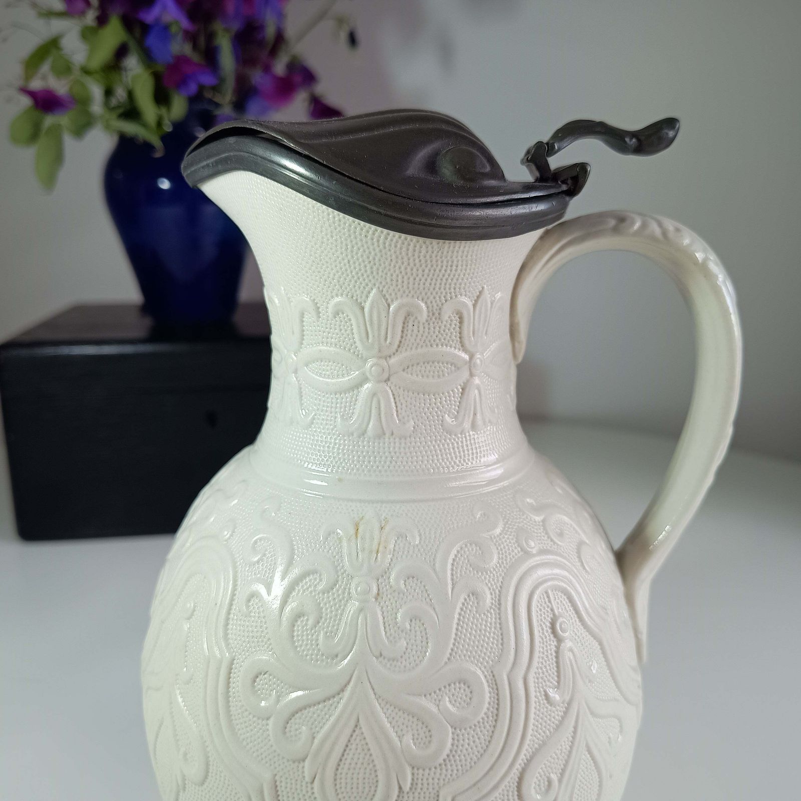 photo furniture Victorian Staffordshire “Tyrol” Relief‑Moulded Jug, Brownfield Stoneware, J. Dixon Pewter Lid