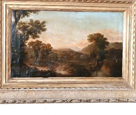 Ntique Painting On Canvas Depicting A Bucolic Landscape photo for sale