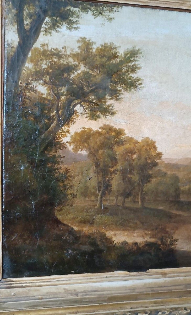 Ntique Painting On Canvas Depicting A Bucolic Landscape photo 843.0
