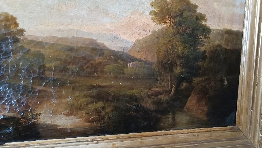 Ntique Painting On Canvas Depicting A Bucolic Landscape photo vintage