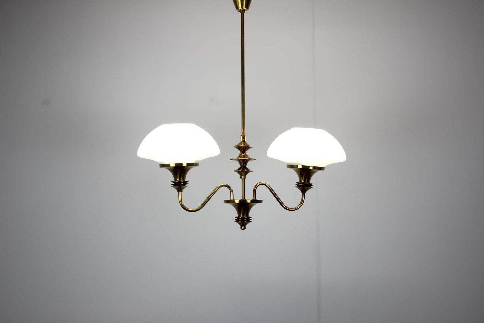 Mid Century Brass Chandelier, Czechoslovakia, 1970s, Made In Jablonec Glasswork photo vintage