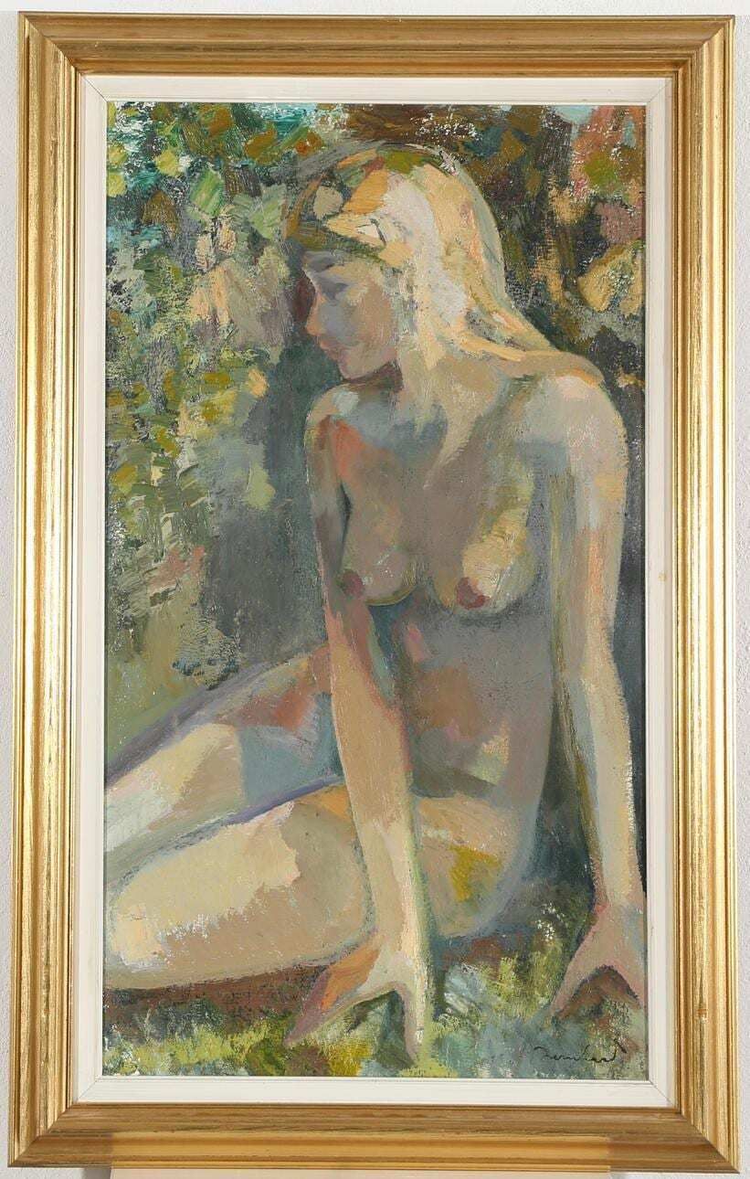 Original Danish Oil On Canvas – “Seated Woman” By Bernhard Petersen (1911–1988) – Signed & Framed – 94 × 59 Cm (37.0" × 23.2") photo furniture