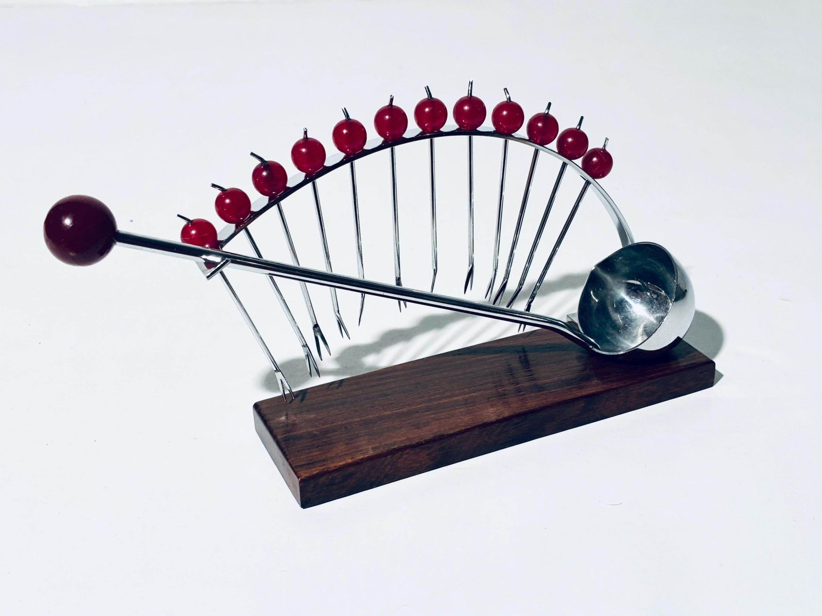 Art Deco French Cherry Design Ebony Wood Punch Bowl Cocktail 12 Forks Holder Set With Spoon photo for sale
