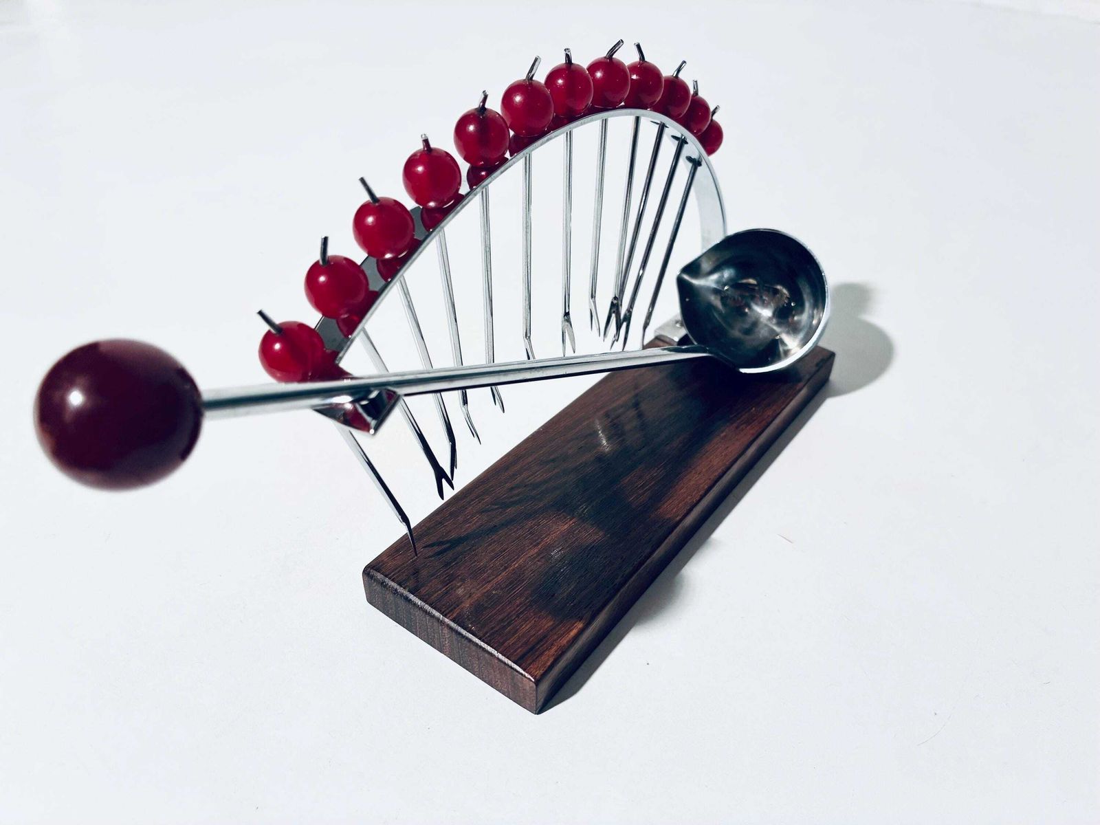 photo vintage Art Deco French Cherry Design Ebony Wood Punch Bowl Cocktail 12 Forks Holder Set With Spoon