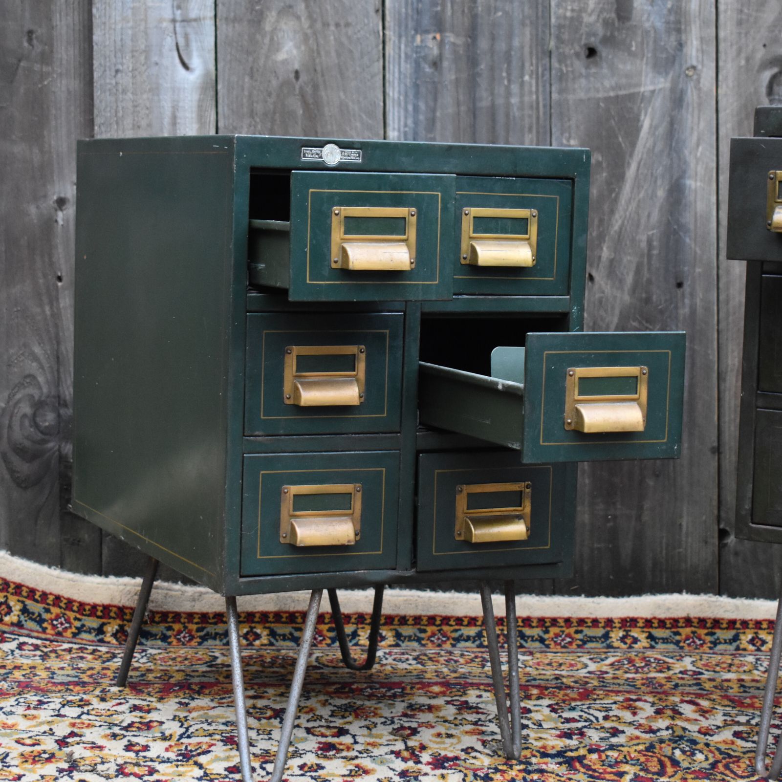 Vintage 1934 Roneo Green Steel Filing Bank Of Drawers Bedside Cabinets Pair photo Furniture