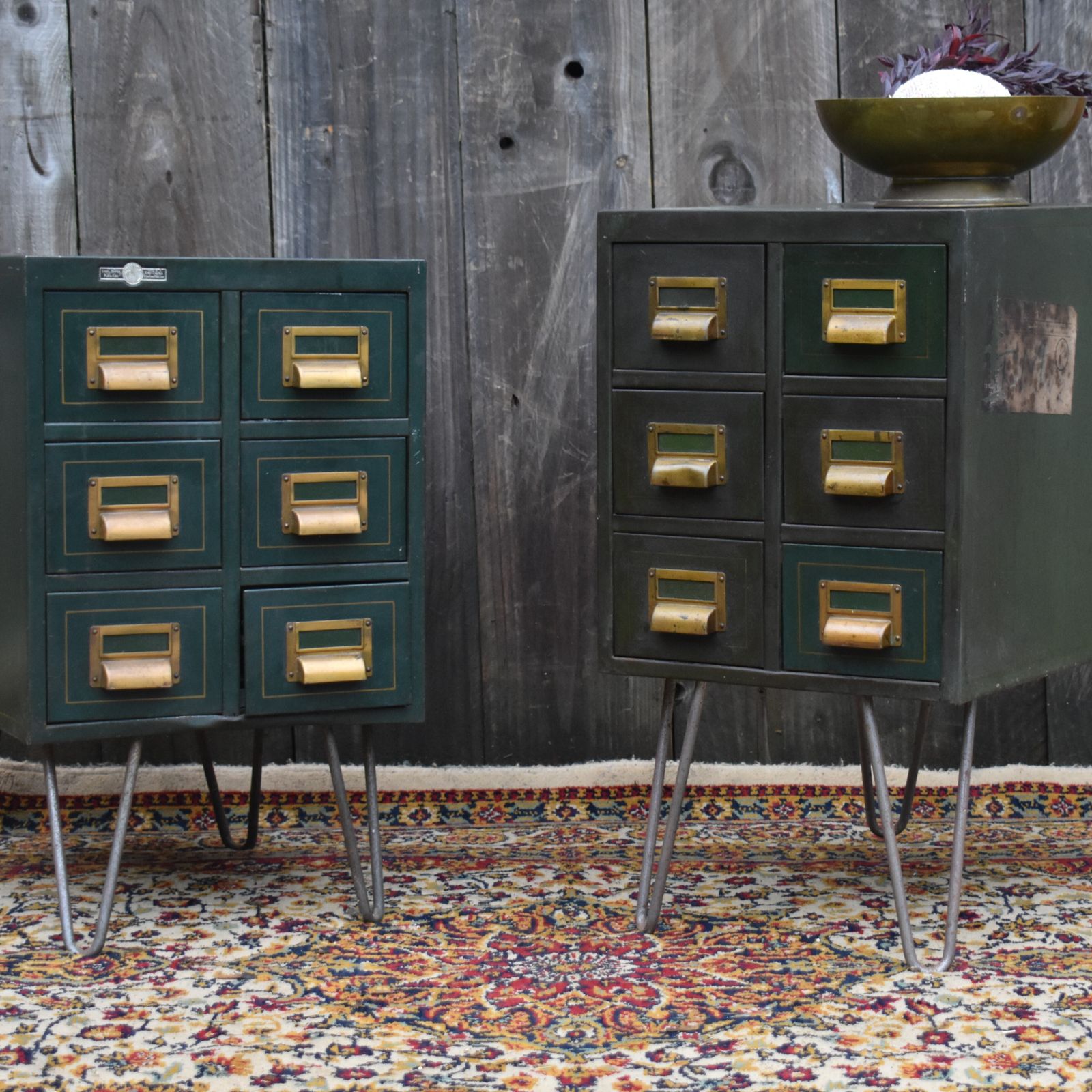 Vintage 1934 Roneo Green Steel Filing Bank Of Drawers Bedside Cabinets Pair photo vintage