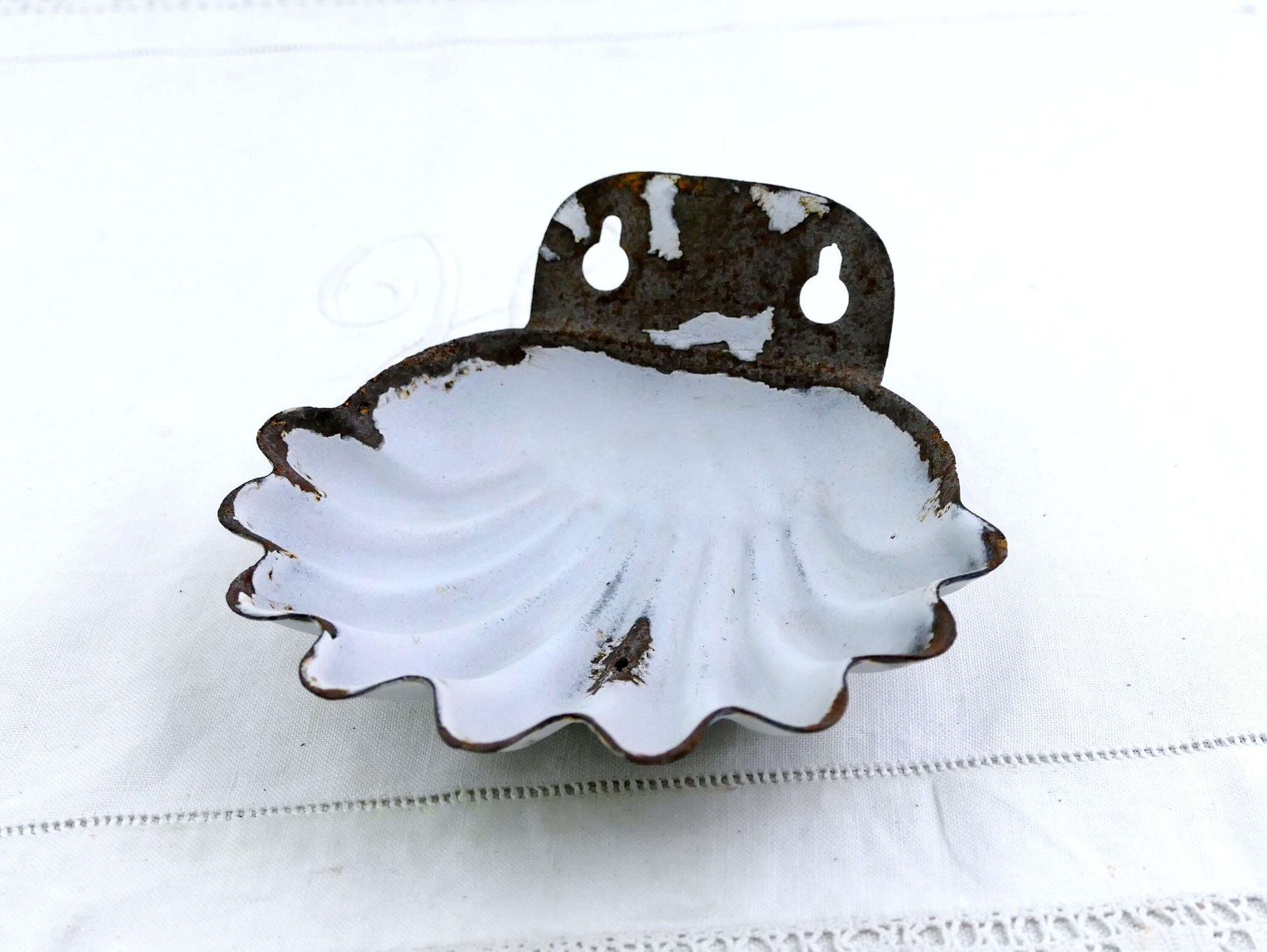 Large Antique French White Enamel Wall Hanging Or Free Standing Scalloped Shell Shaped Soap Holder France, Enamelware Bathroom Soap Bar Dish